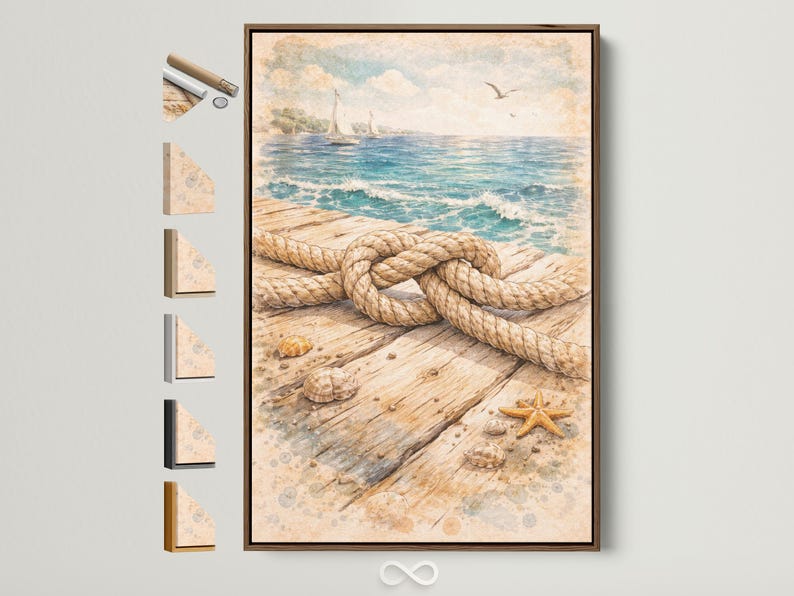 Nautical rope knot on a weathered dock with seashells, starfish, and sailboats on the ocean