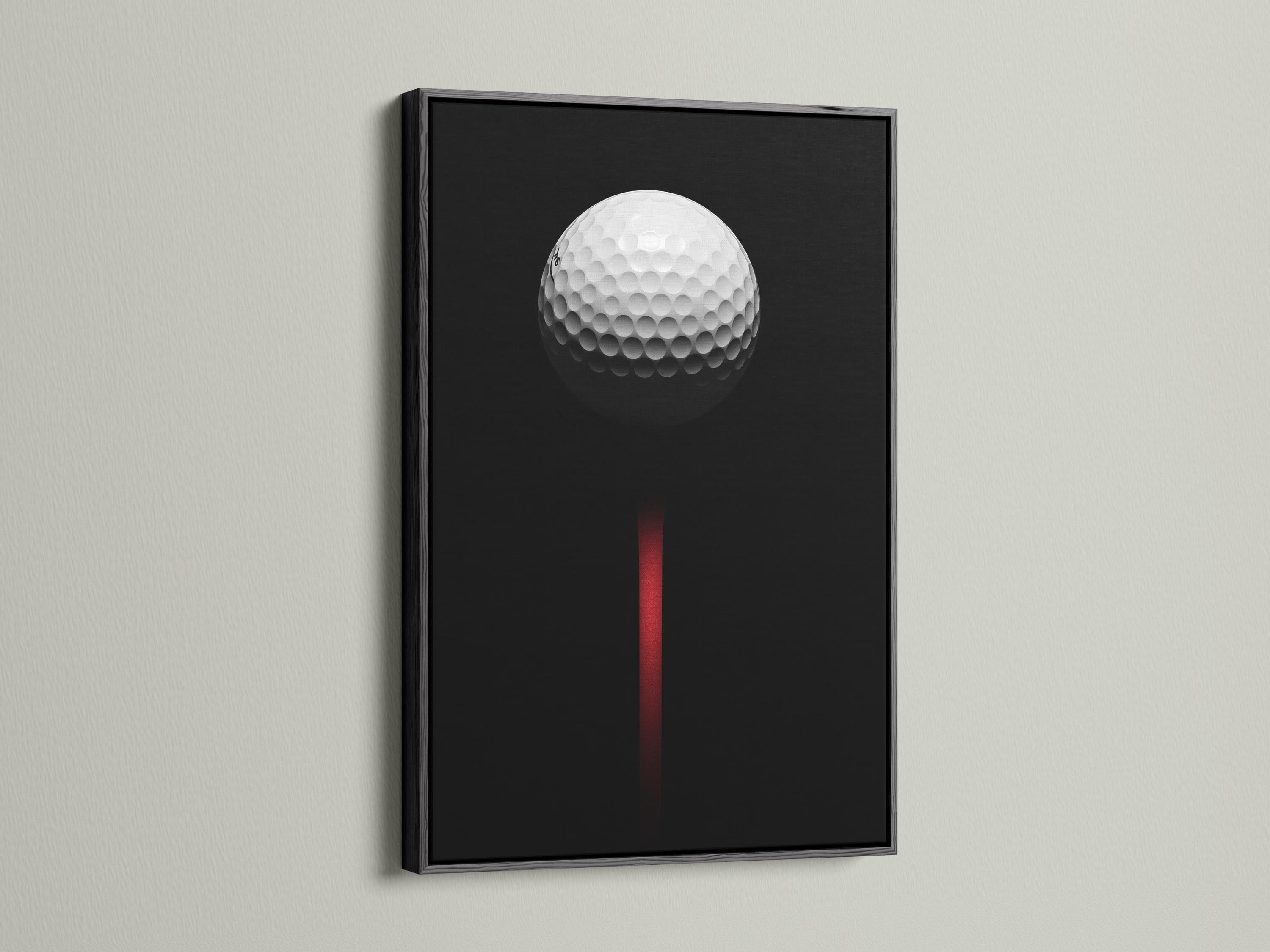 Minimalist golf ball design on a black background with a vivid red vertical accent detail view