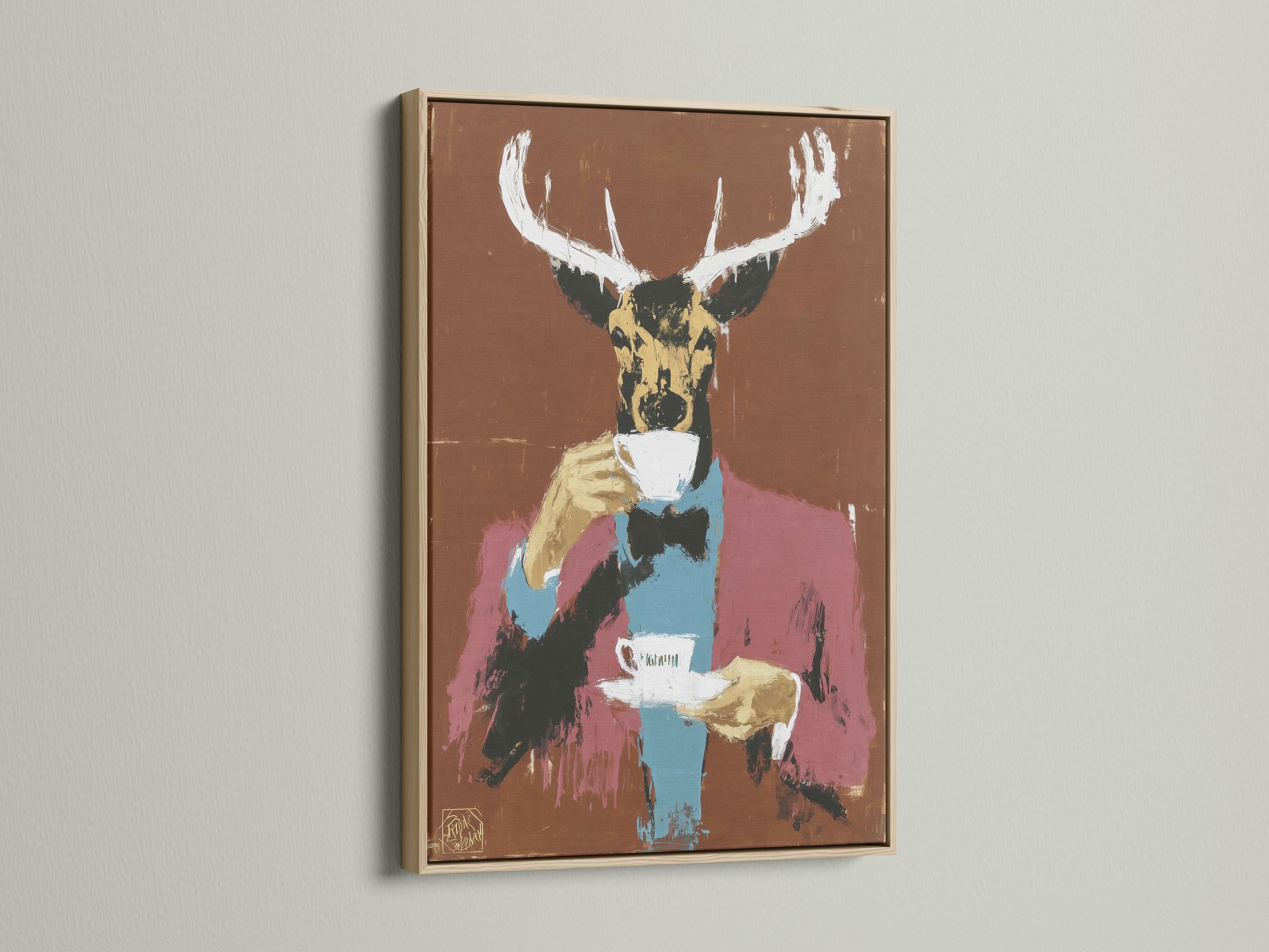 Stylised deer portrait with large antlers and a cup, in warm brown with teal and pink accents detail view