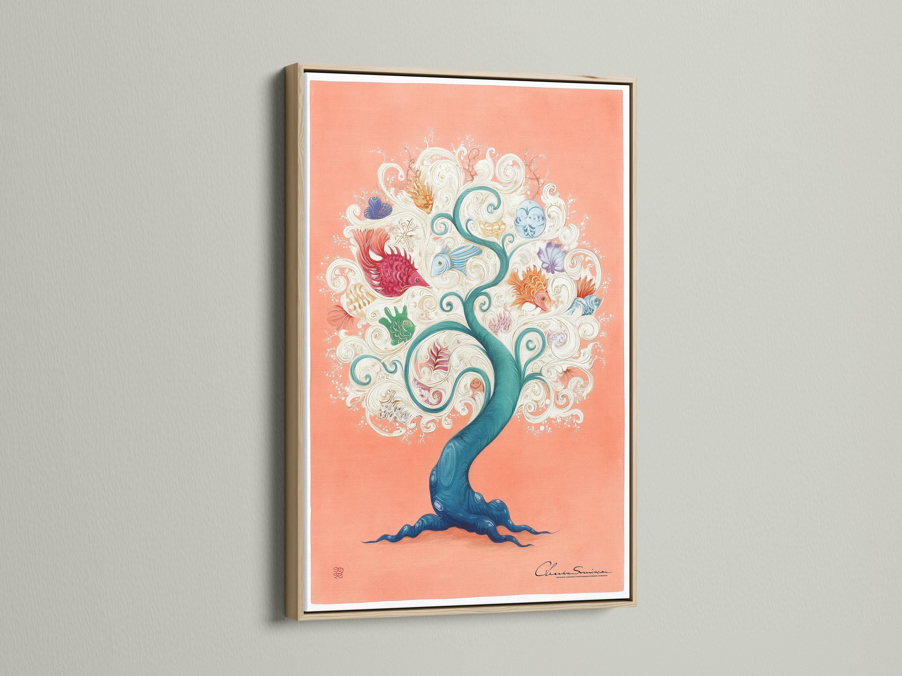Peach fantasy coral tree with teal ocean waves and illustrated fish, shells and swirls detail view