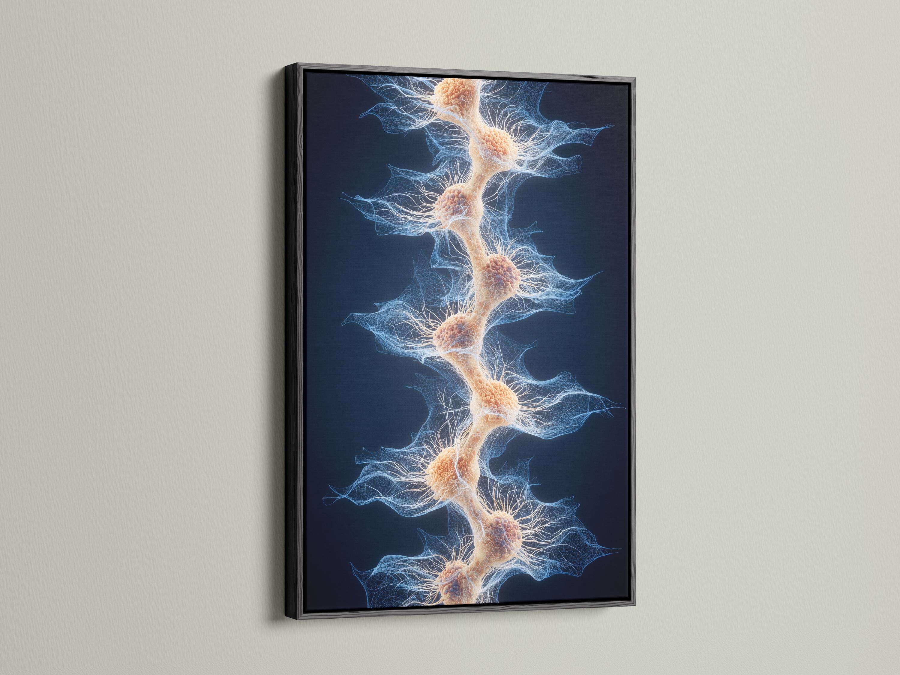 Dark navy abstract filament network with pale blue lines and beige nodes detail view
