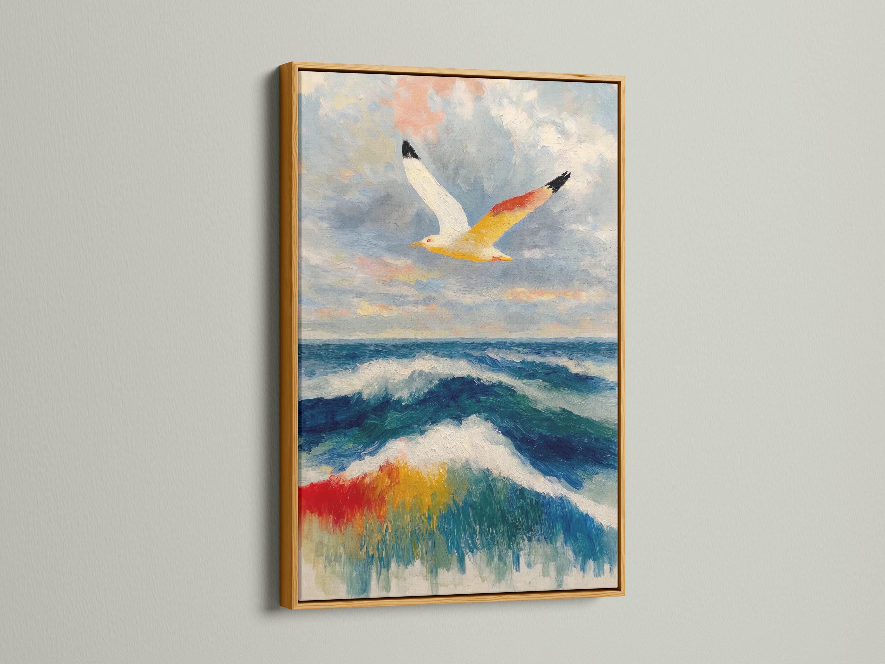 Painterly seagull flying above blue ocean waves with white foam and cloudy sky detail view