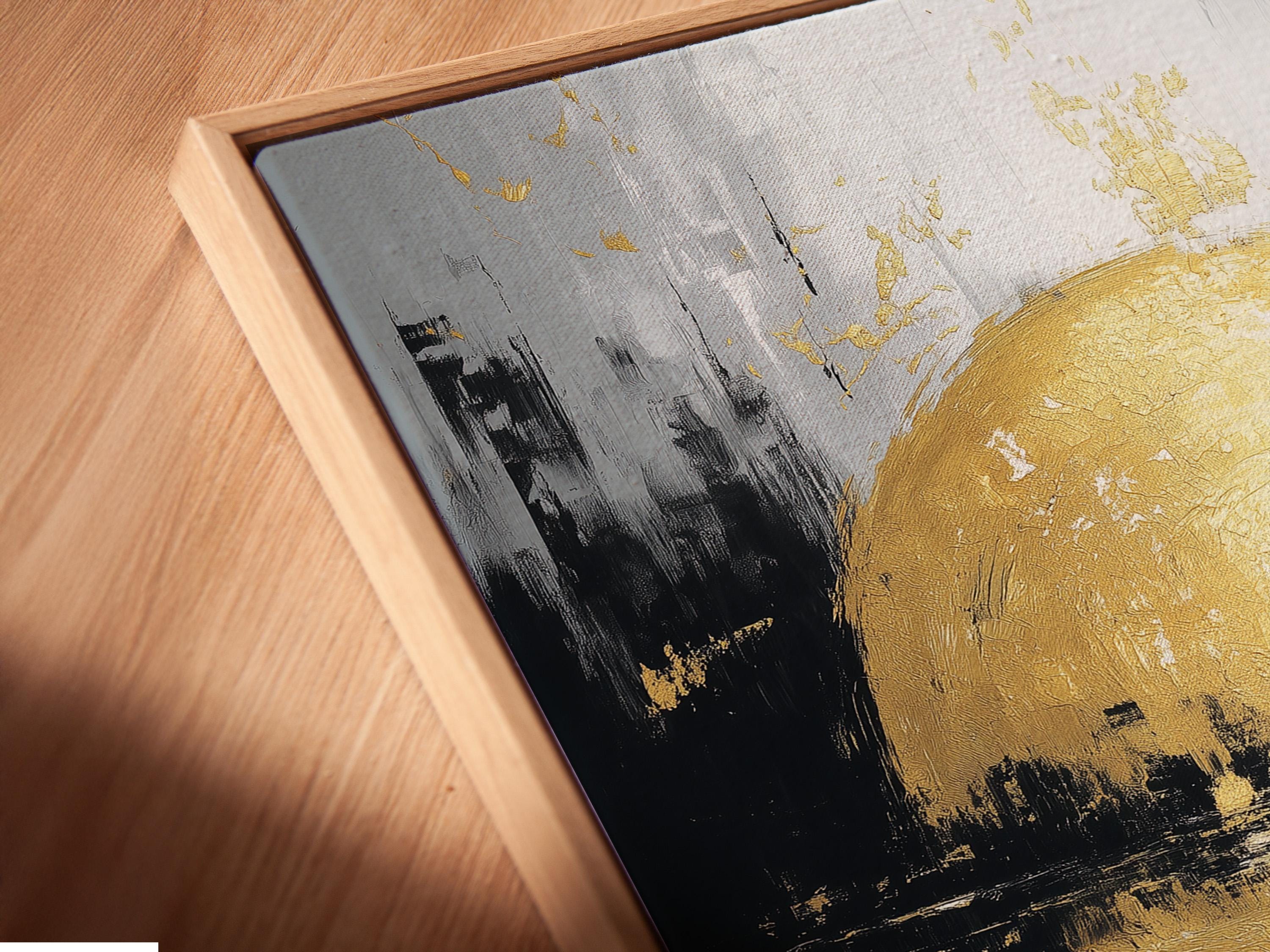 Gold sphere abstract wall art displayed in a framed mockup with surrounding layout options