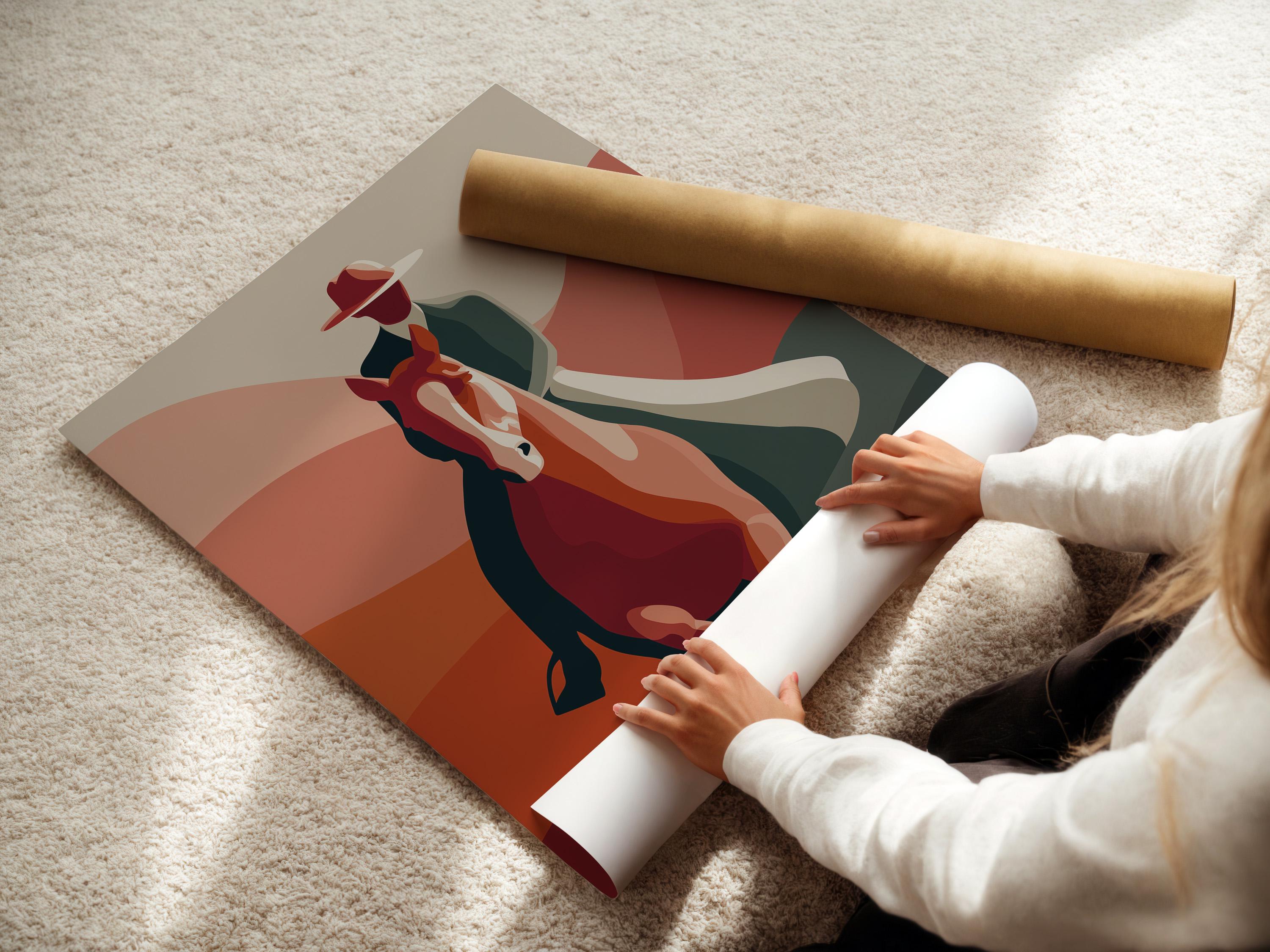 Mockup of a framed artwork showing a cowboy riding a rearing horse against terracotta hills