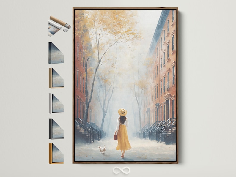 Painterly city street scene with a woman walking a small dog between buildings