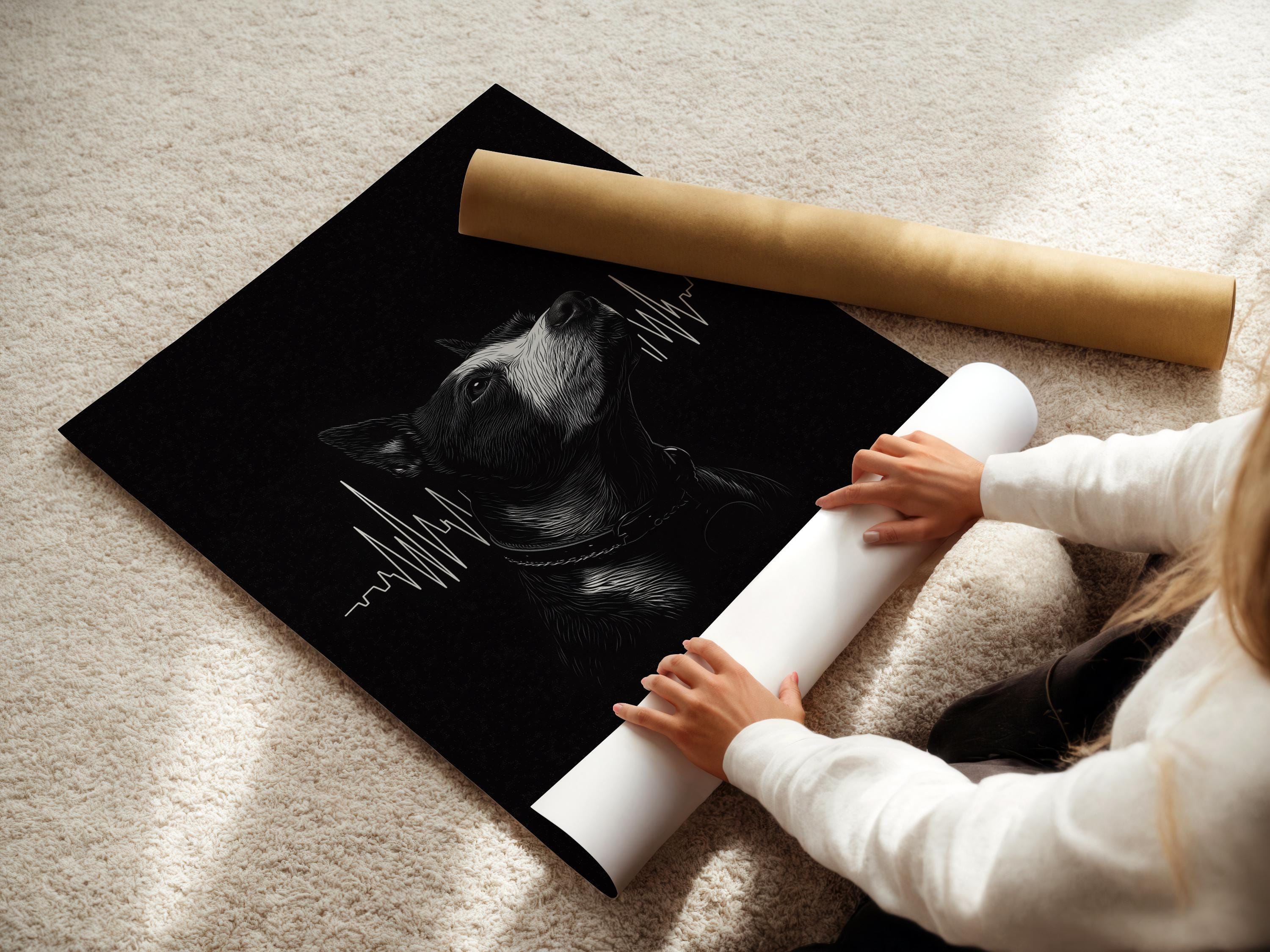 Room mockup showing a framed monochrome dog portrait with a heartbeat waveform on a dark background