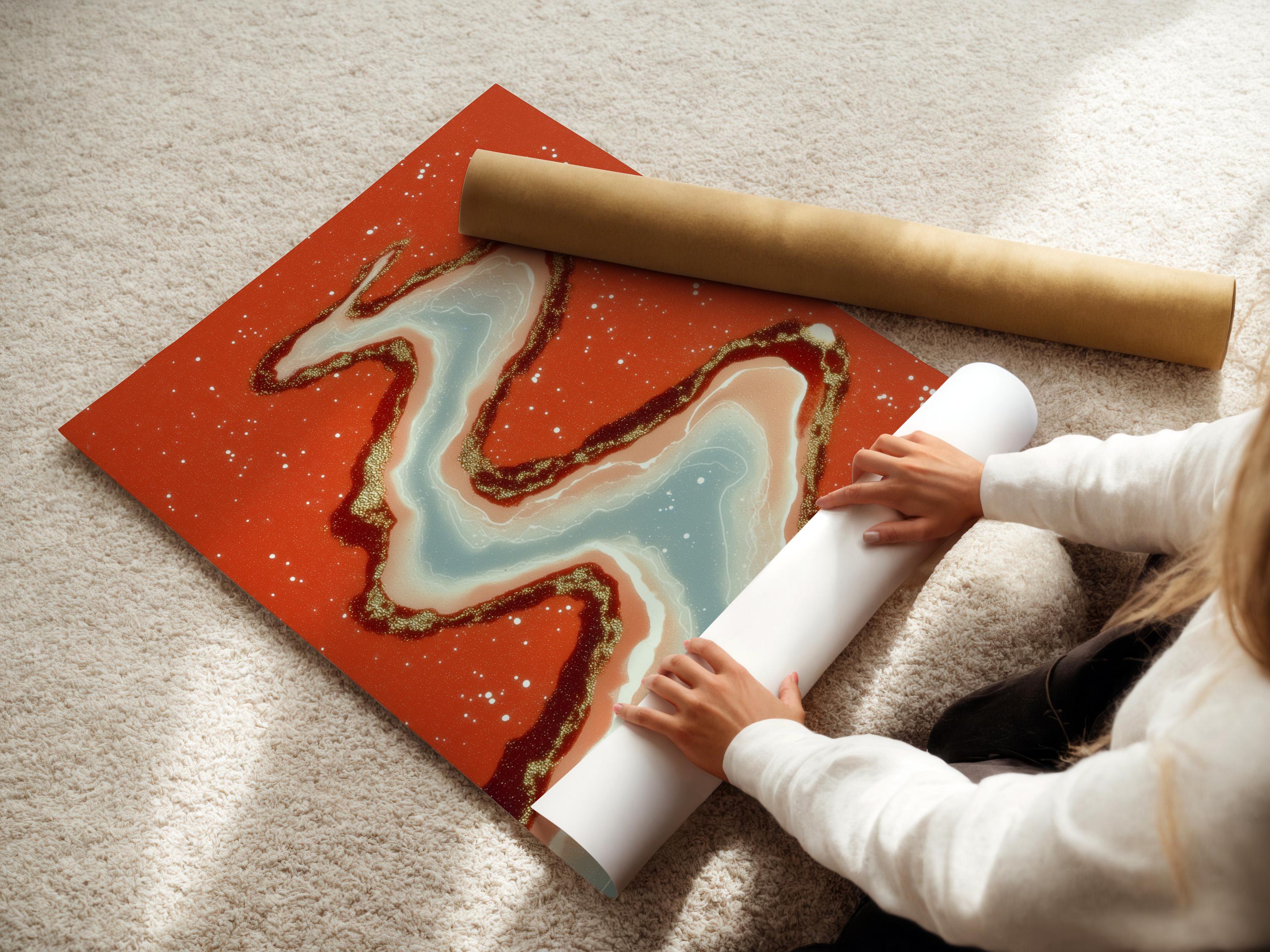 Abstract river ribbon in pale blue and cream with gold speckles over a terracotta background detail view