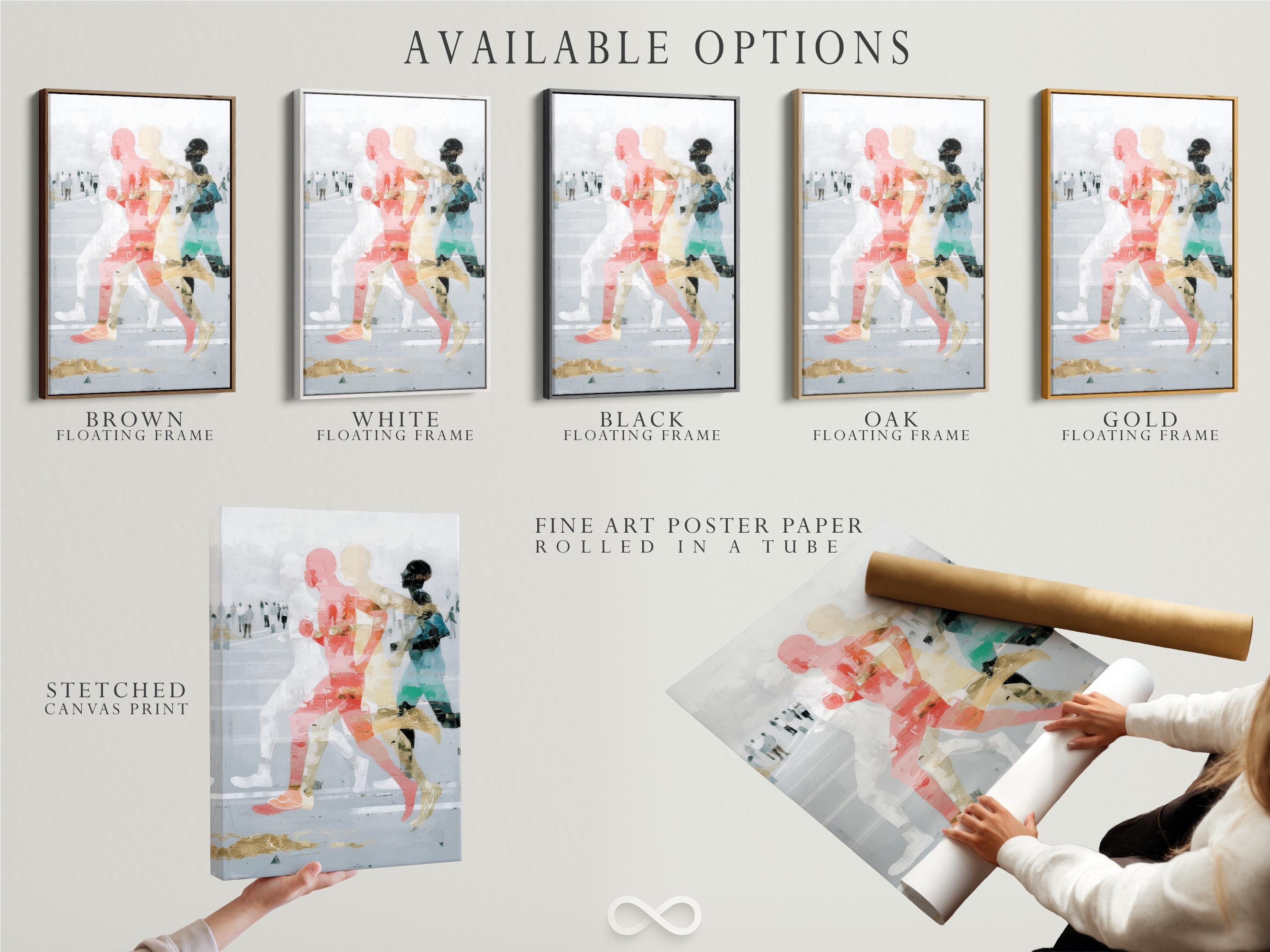 Room mockup featuring a framed abstract runners artwork with coral and teal figures