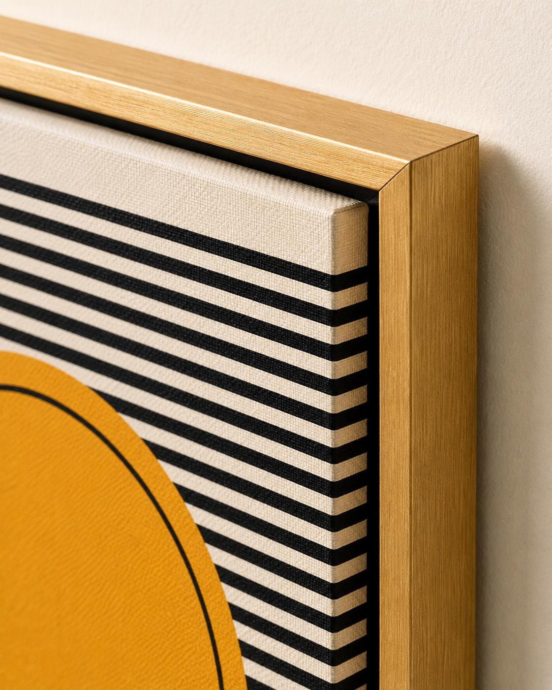 Three-panel geometric Bauhaus-style artwork with black stripes, circles and wavy teal lines detail view