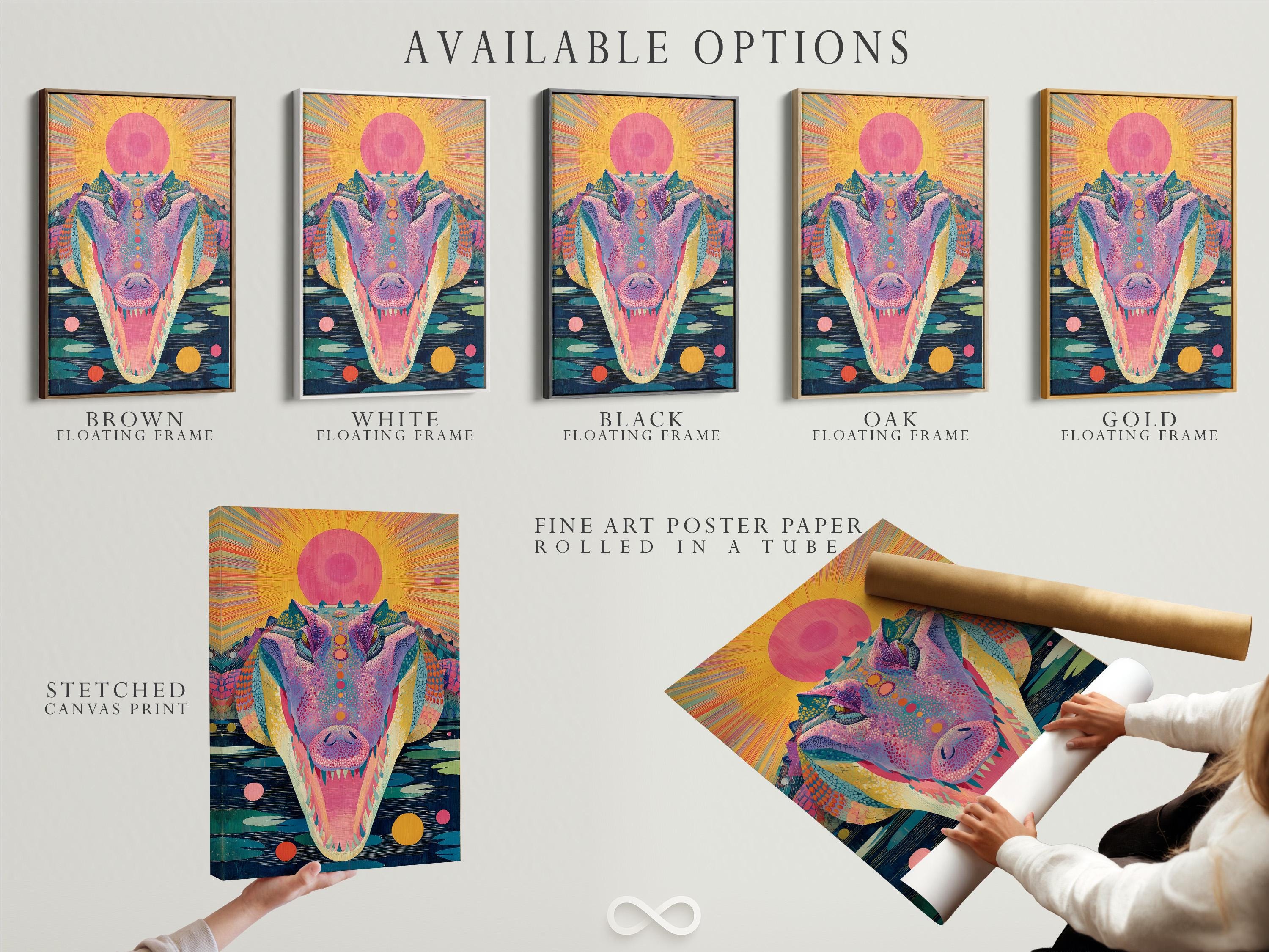 Stylised alligator portrait with a large pink sunburst, bright pink and teal scales, and dark blue water strokes detail view