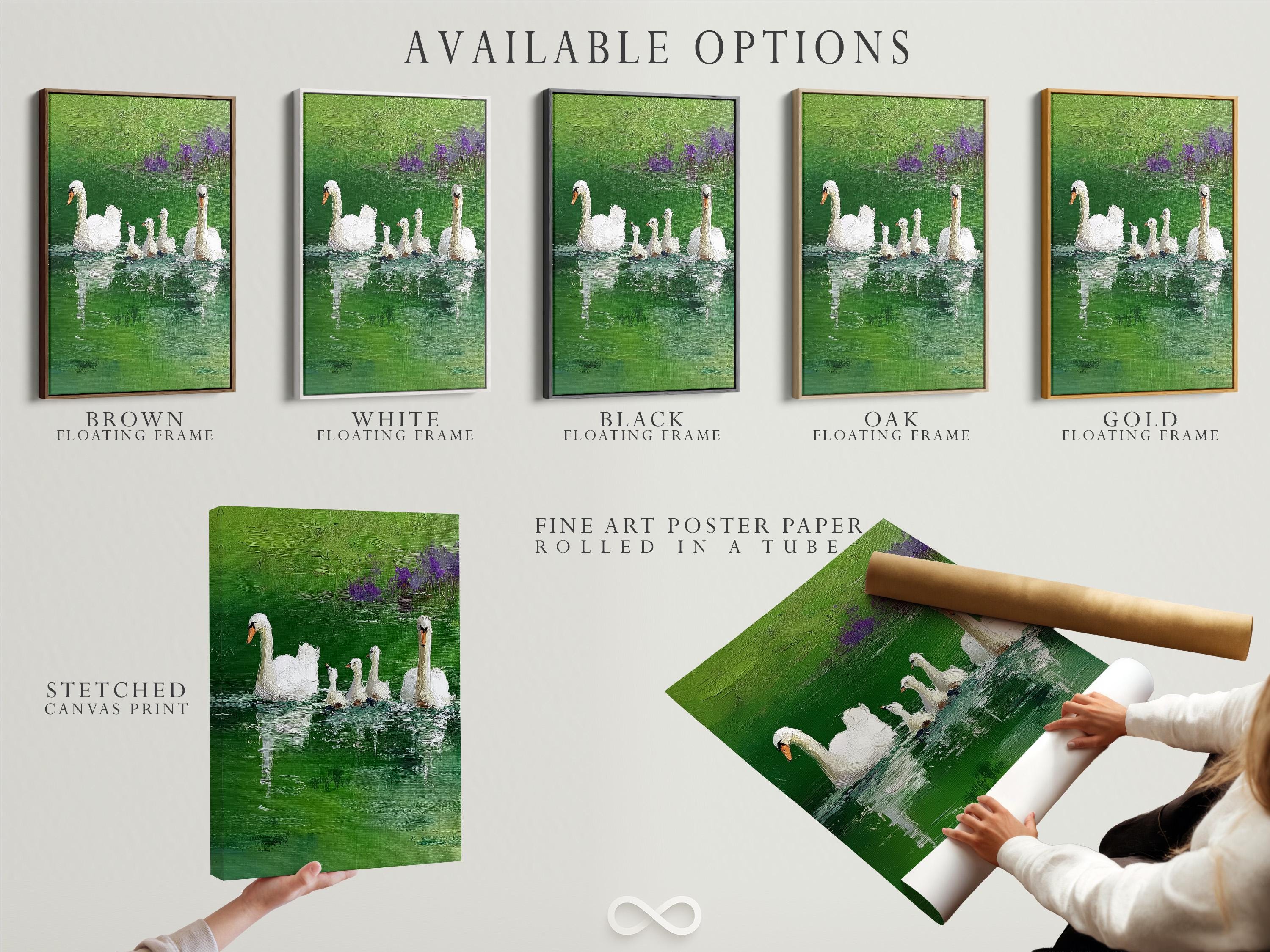 Room mockup with a framed green lake swan painting on a wall
