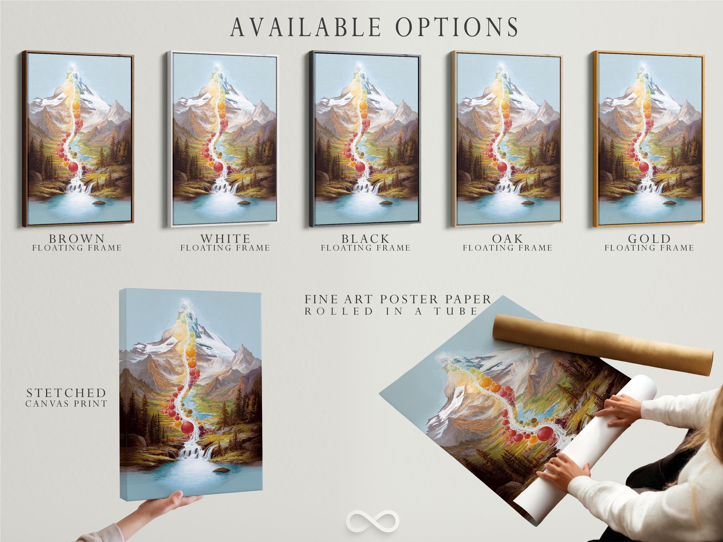 Room mockup showing a framed rainbow mountain waterfall artwork on a wall