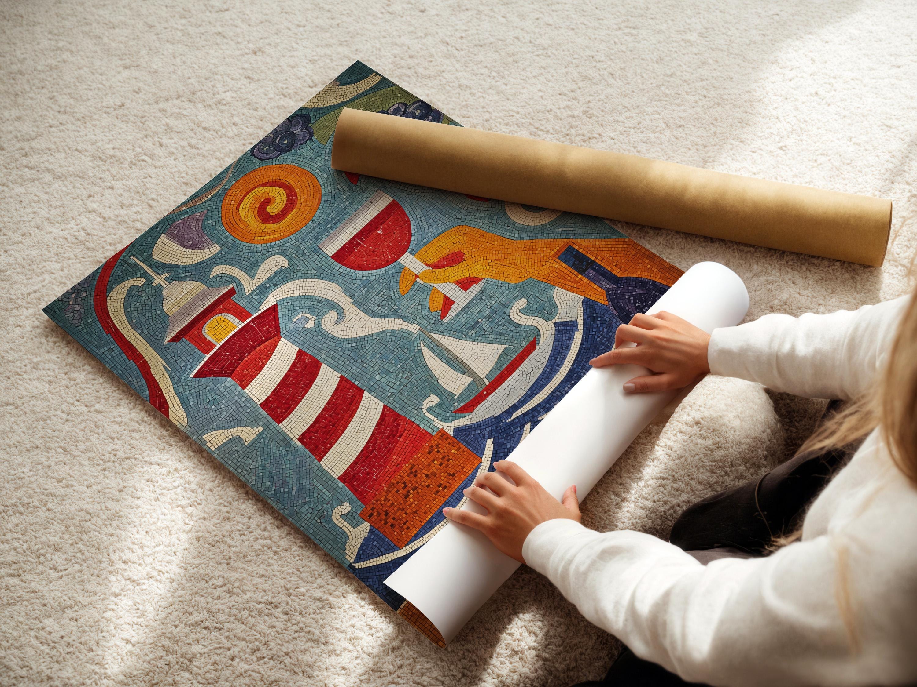 Mosaic lighthouse scene with curved waves in blue, red, white and gold tiles detail view