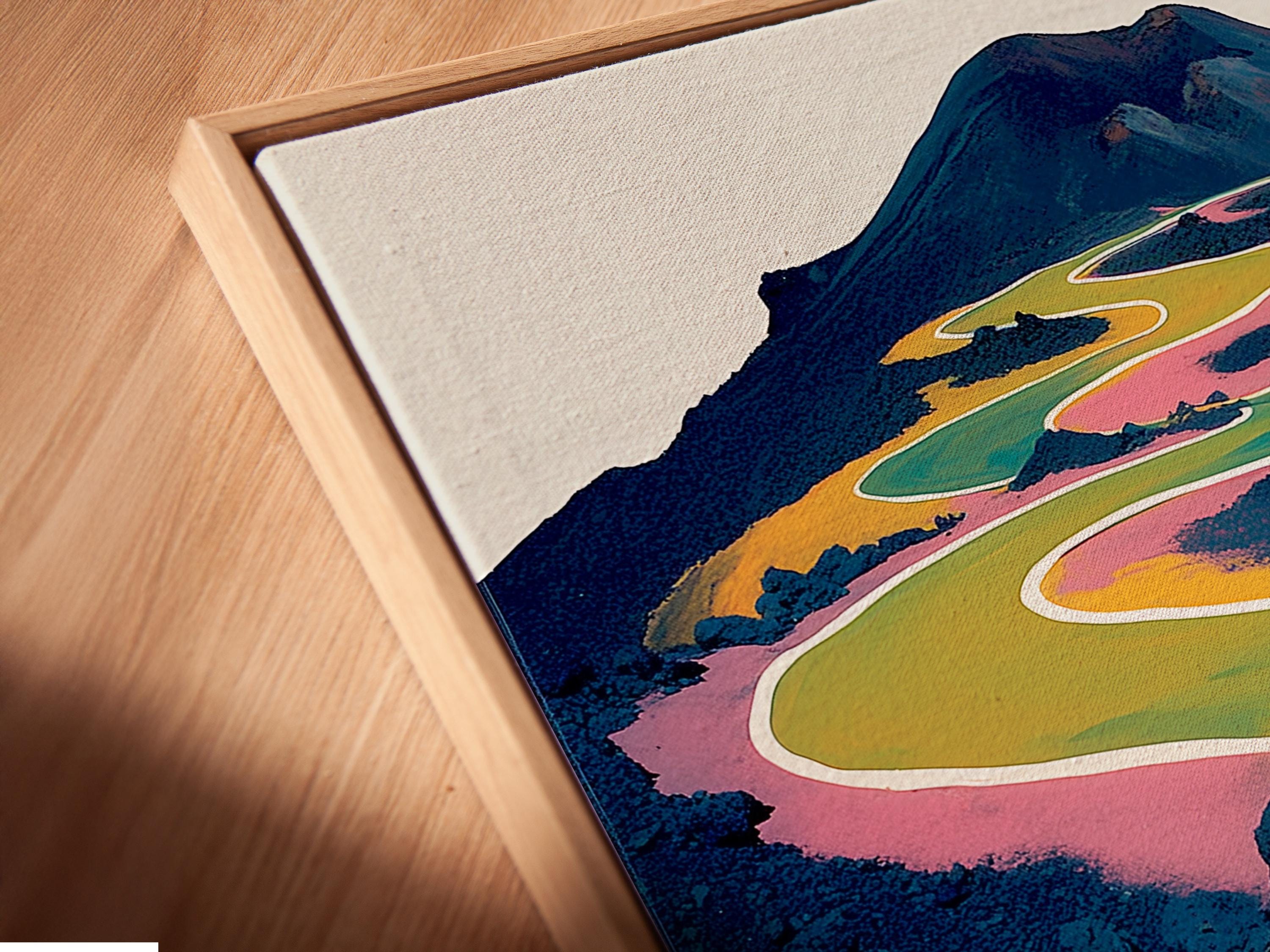 Winding road-like path through a stylised mountain landscape with teal, yellow and pink colours detail view