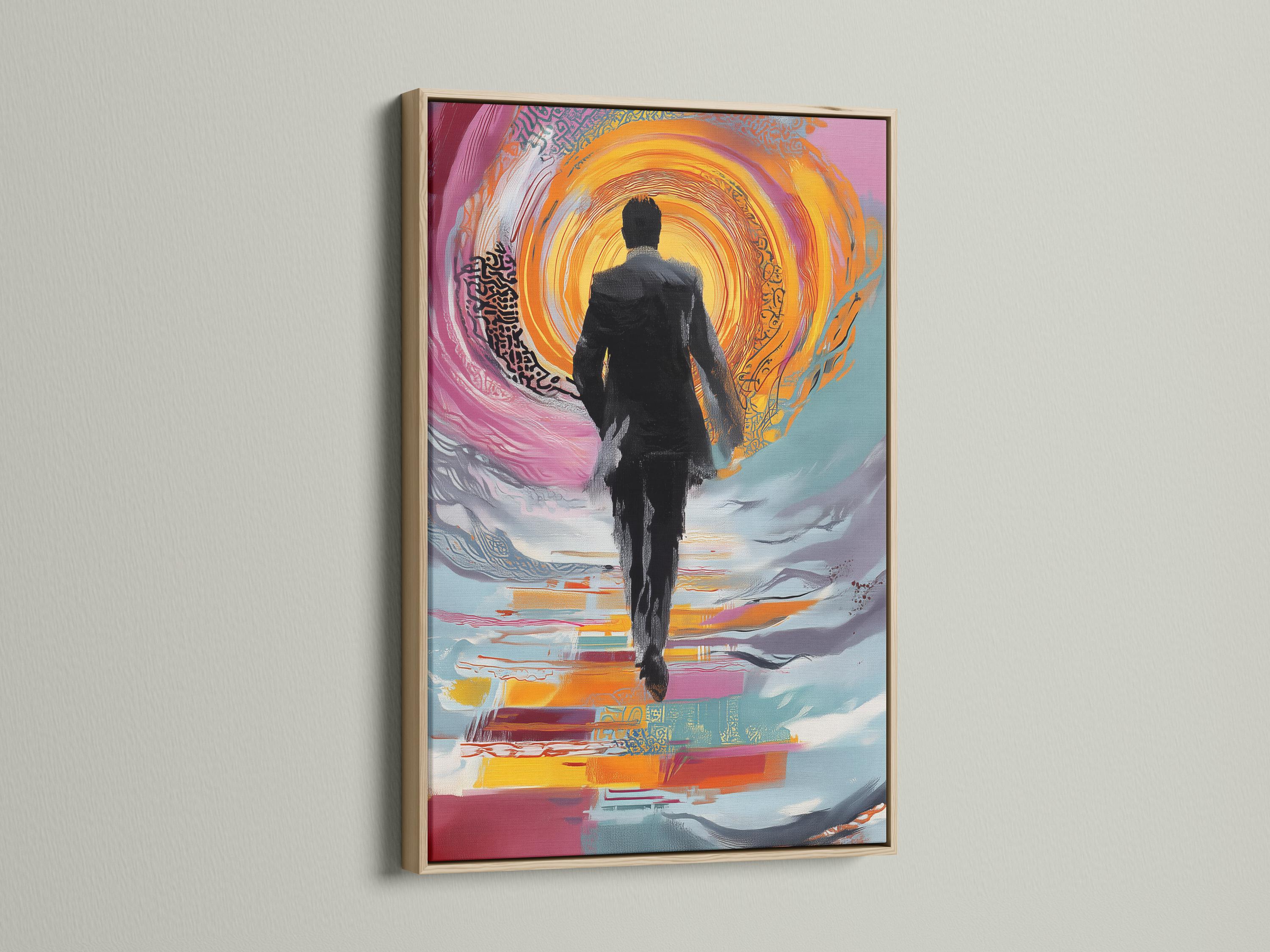 Person seated in a living room with a framed abstract man silhouette artwork on the wall