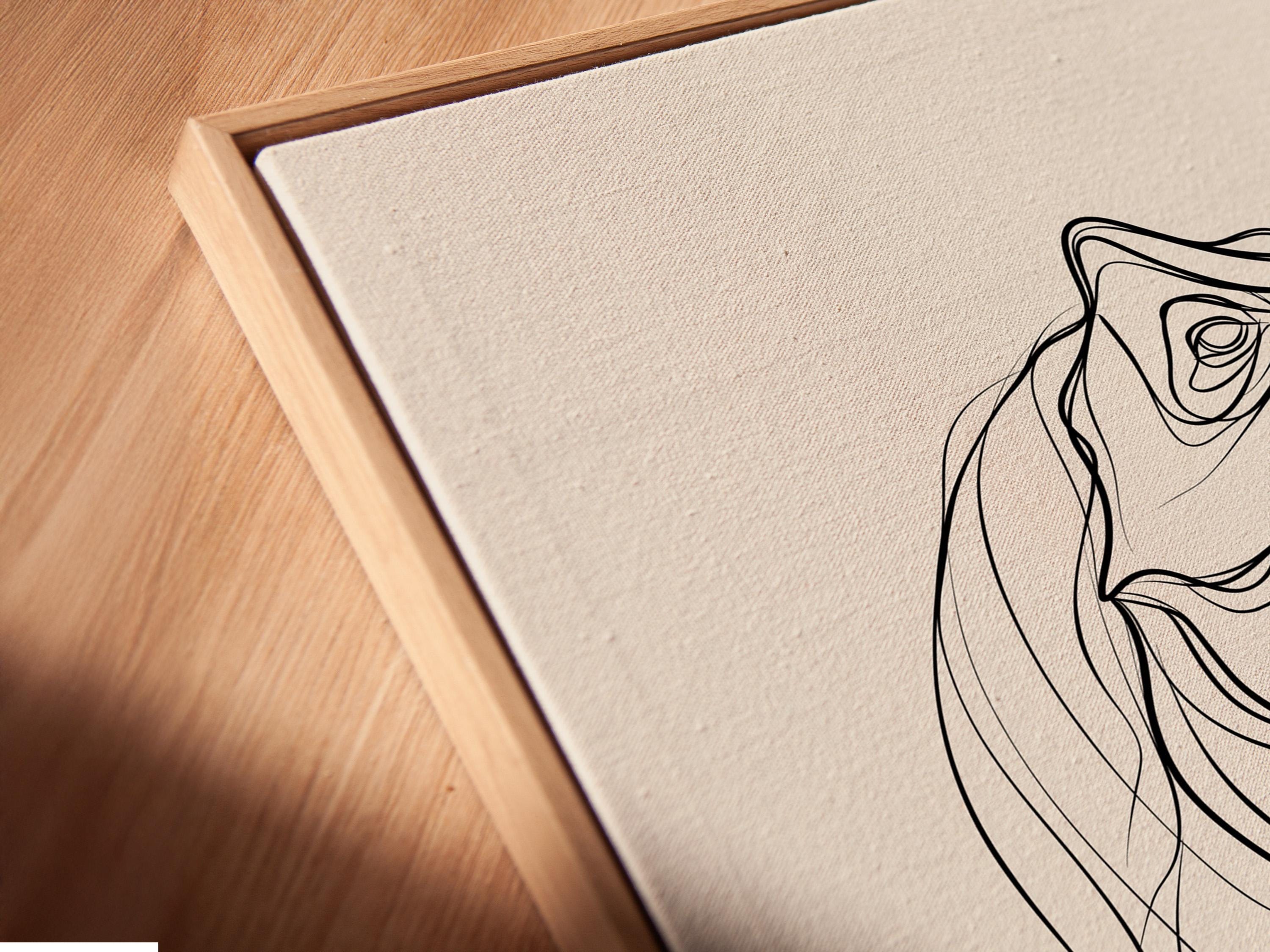 T-rex line art wall mockup with a framed black line drawing on an off-white background