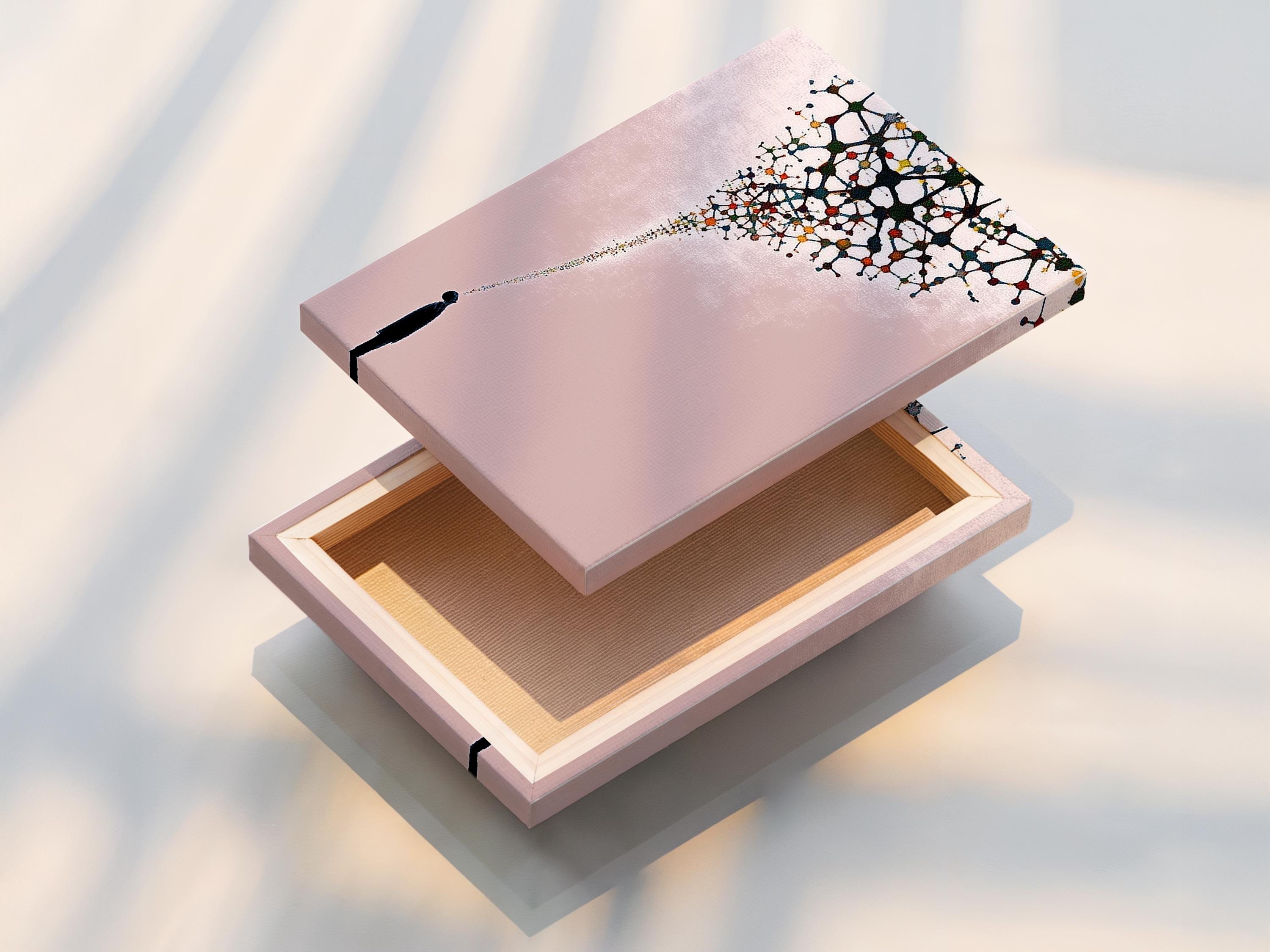Blush pink abstract artwork with a black silhouette figure and branching network of coloured nodes detail view