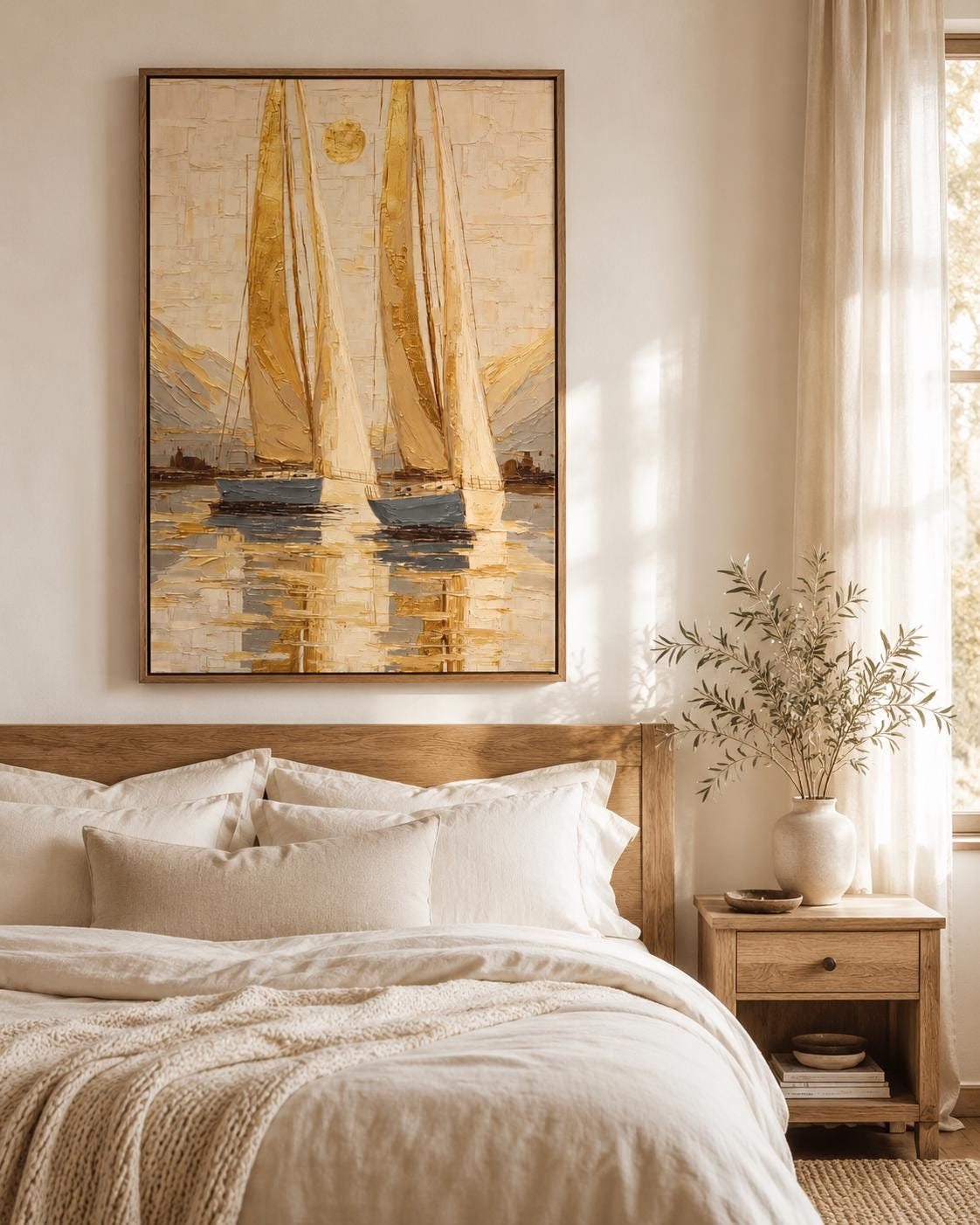 A framed nautical sailboat seascape painting on a wall above a dark sofa in a wood interior