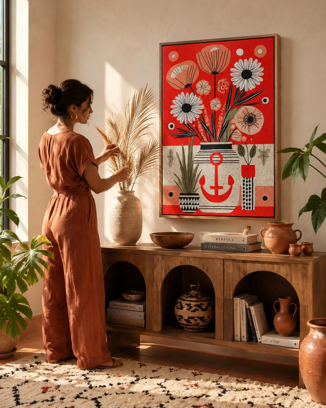 Woman looking at red anchor floral artwork in a modern room