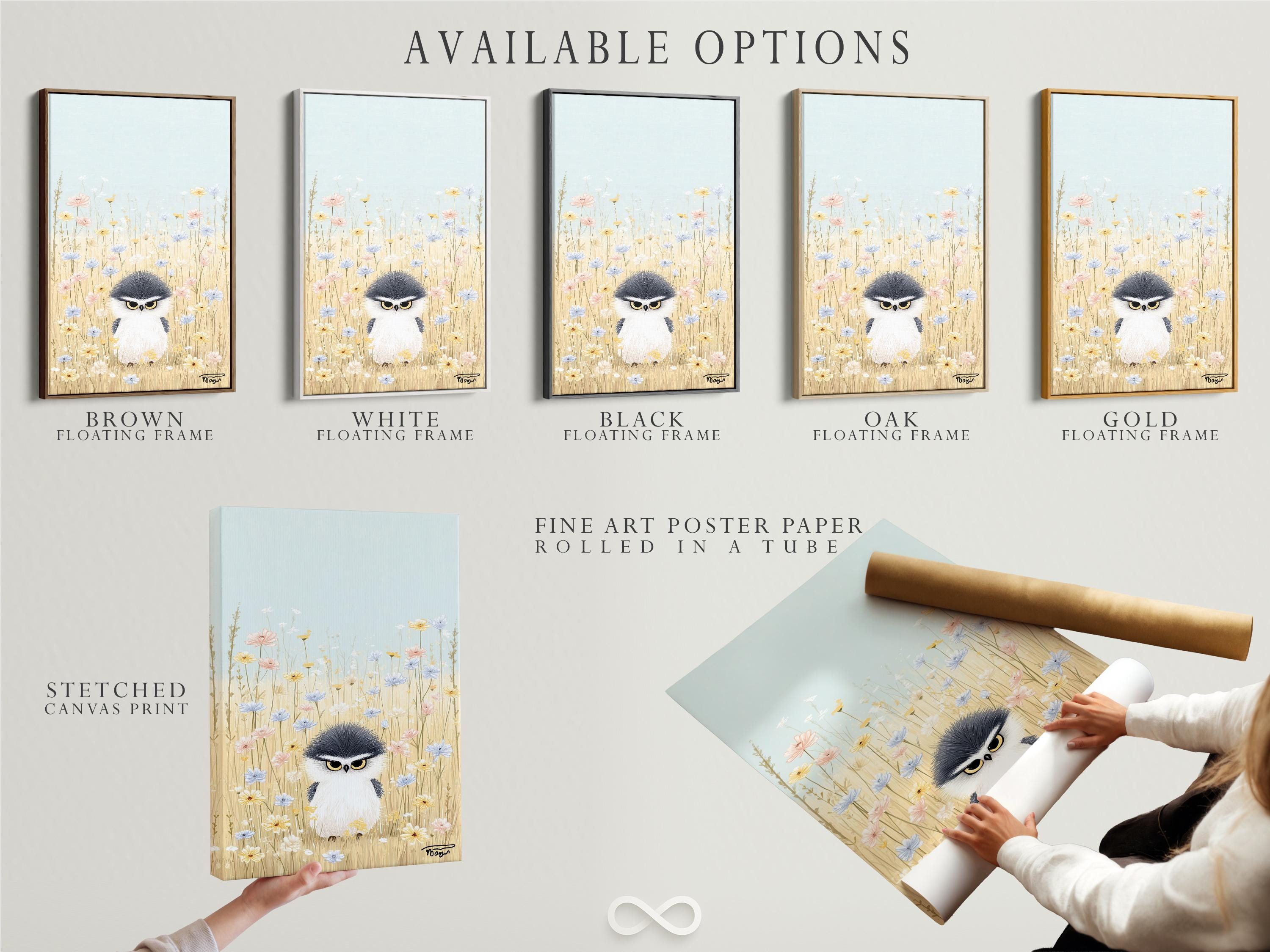 Room mockup showing an artwork with a whimsical owl in a pastel wildflower meadow