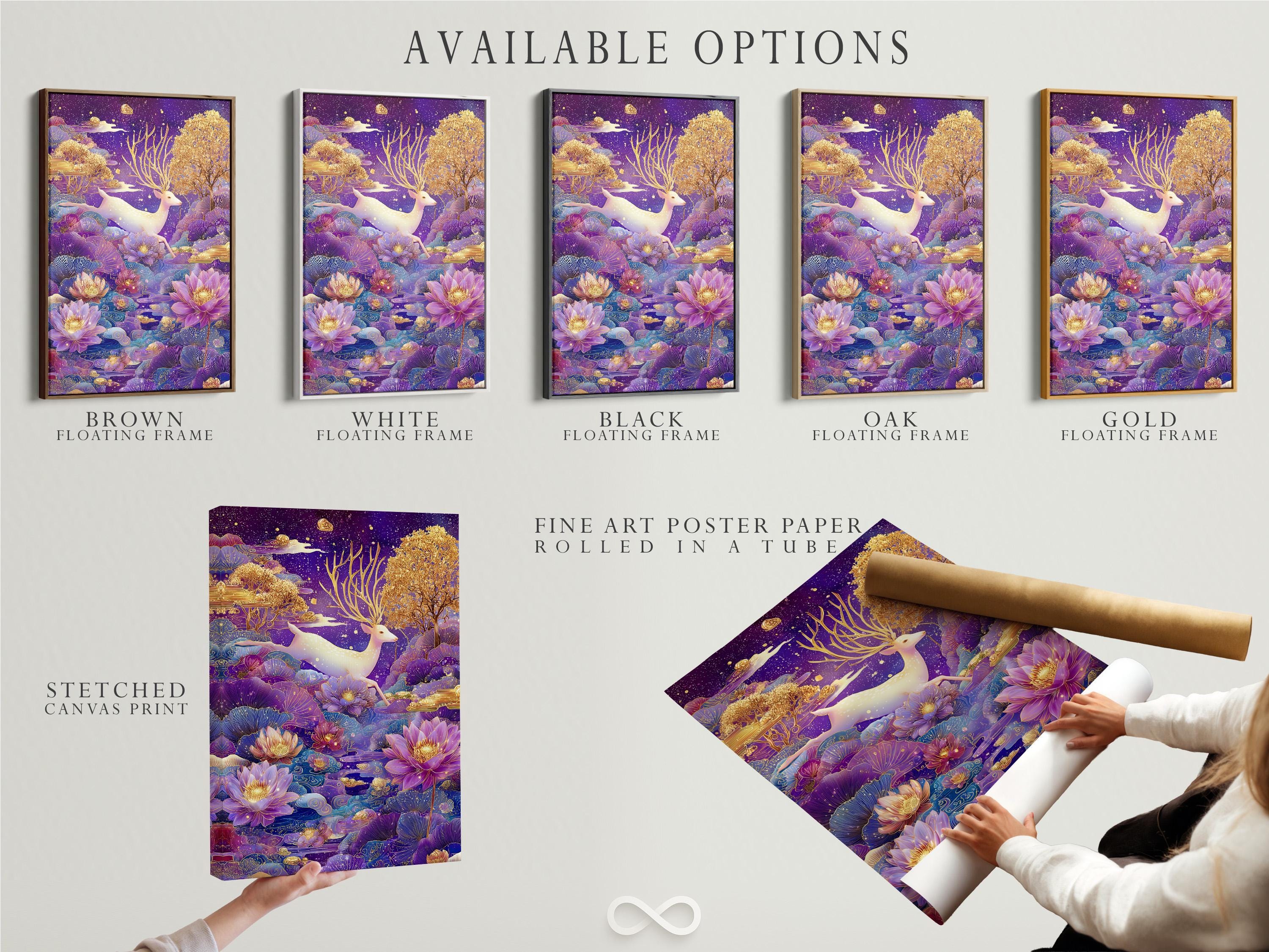 Stylised deer with gold antlers among purple lotus flowers under a starry night sky detail view