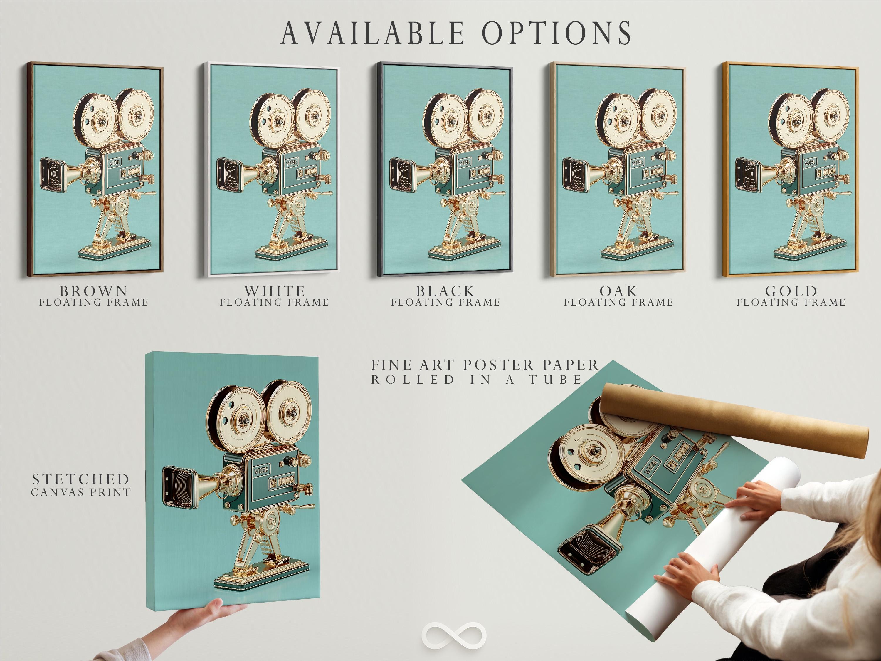 Woman standing beside a framed vintage film camera illustration on a teal background