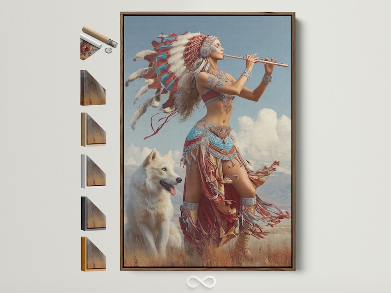 A flute-playing woman with a feather headdress beside a white wolf against a blue sky with clouds
