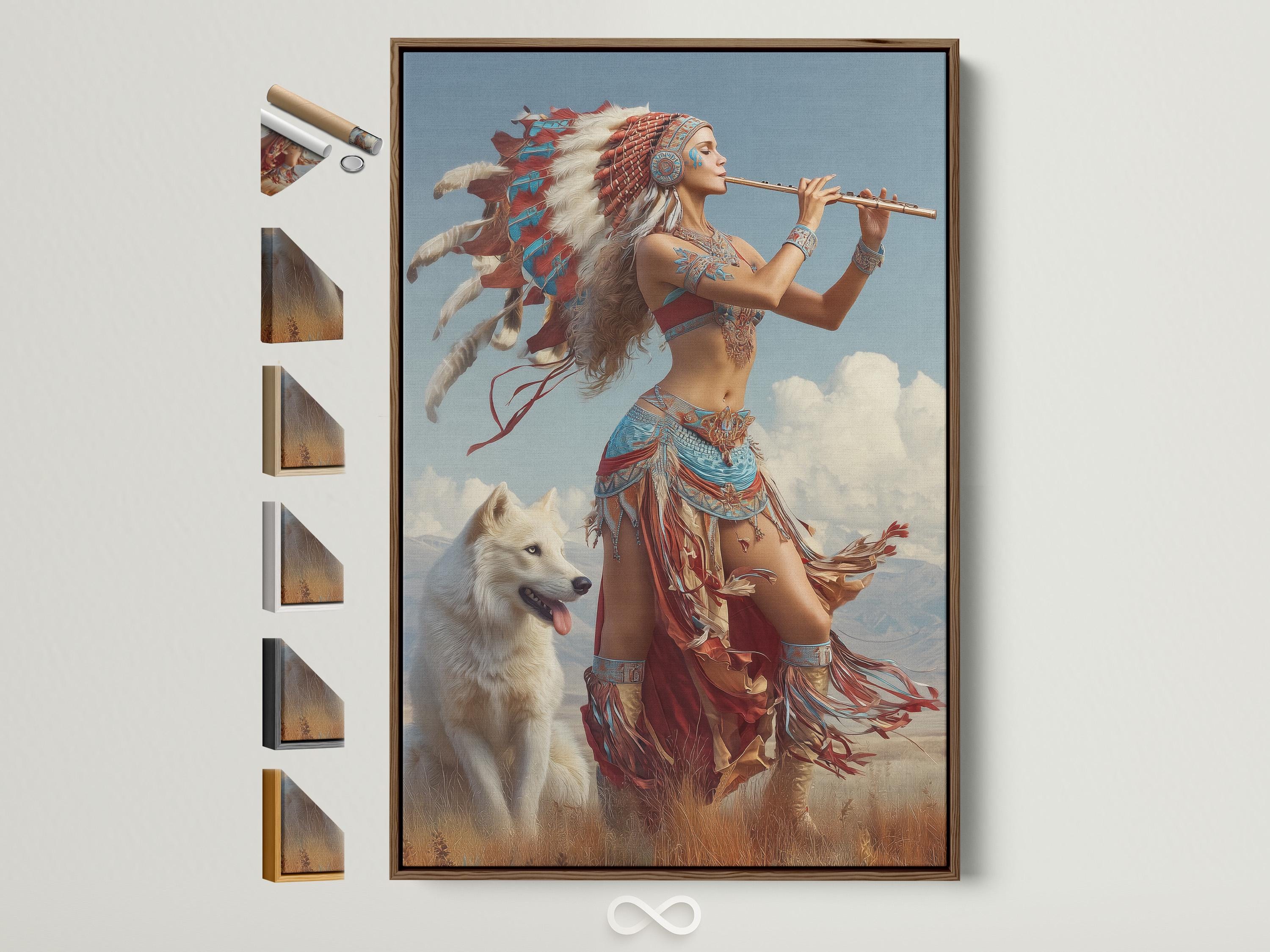A flute-playing woman with a feather headdress beside a white wolf against a blue sky with clouds