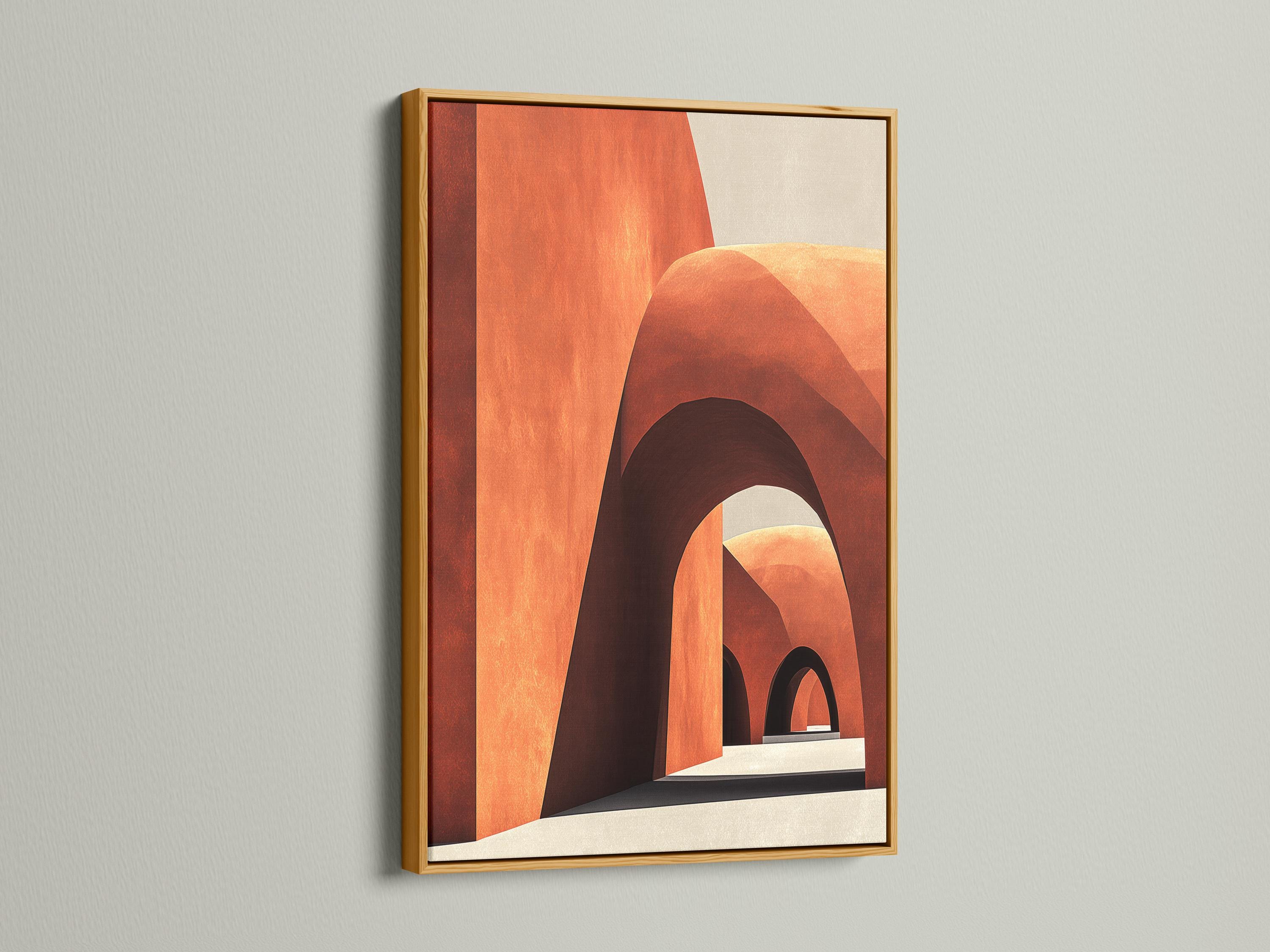 Abstract geometric archway artwork in terracotta, cream and dark outlines detail view
