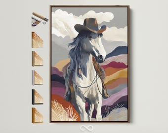 Cowboy Horse Canvas Art Print - Western Wall Decor, Southwestern Landscape Artwork, Ranch Style Home Decor, Neutral Equestrian Painting