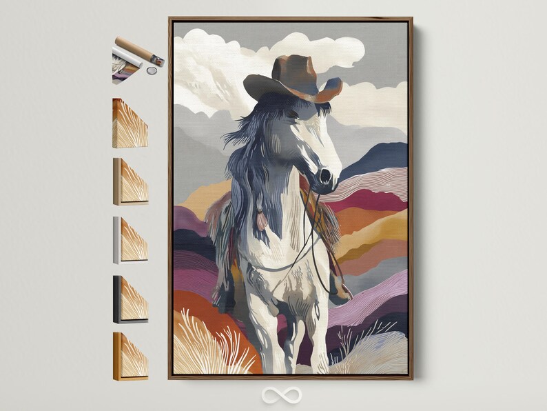 A stylised rearing horse over layered western hills and cloud shapes