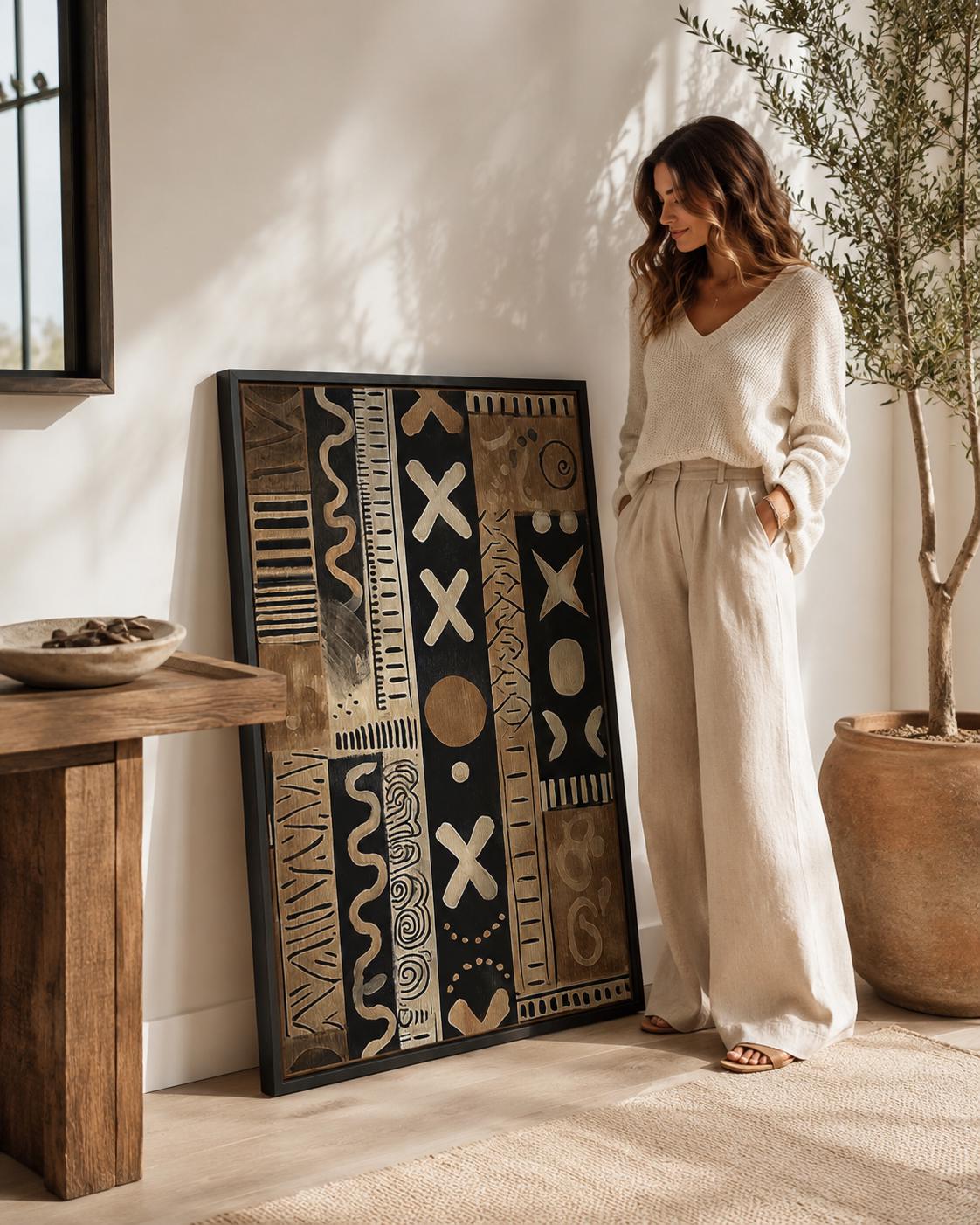 Living room mockup with a framed beige and black tribal abstract pattern above a sofa