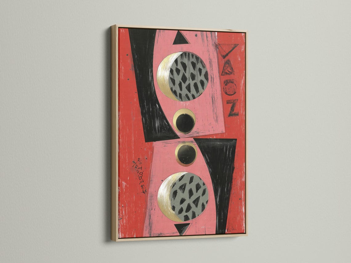 Abstract geometric artwork with coral and pink background, black shapes and gold-ring circles detail view