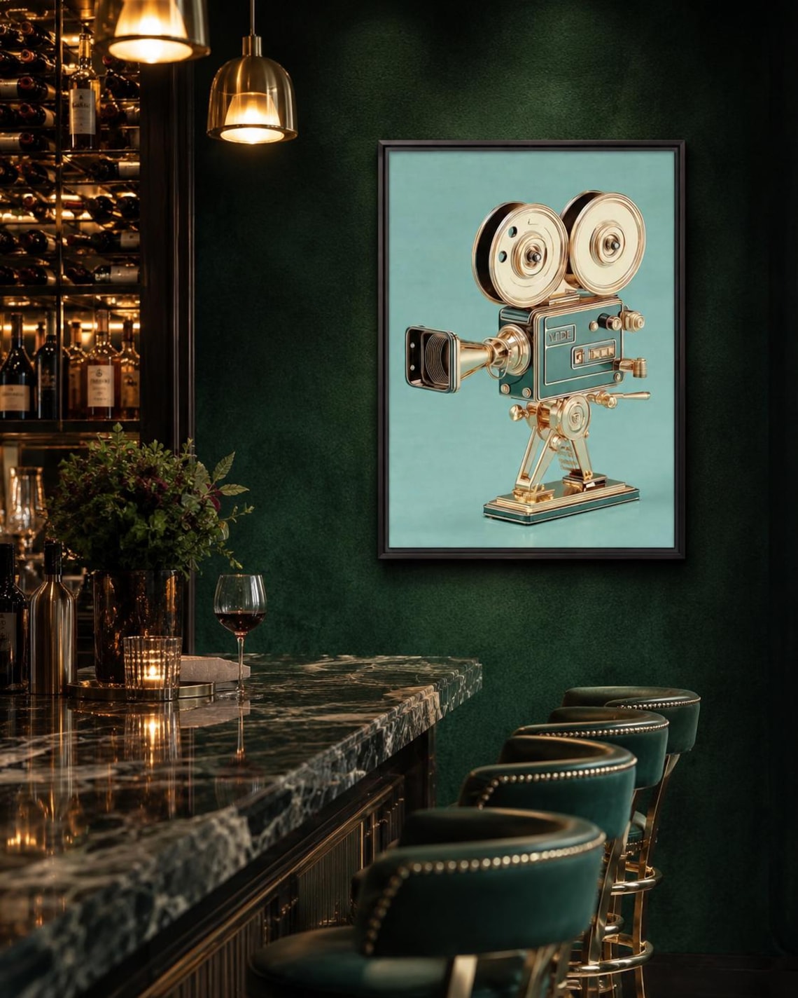 Woman standing beside a framed vintage film camera illustration on a teal background