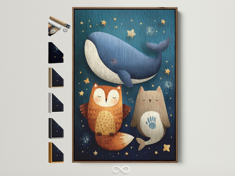 Navy blue animal illustration featuring a large whale, owl-like character, and starry gold accents