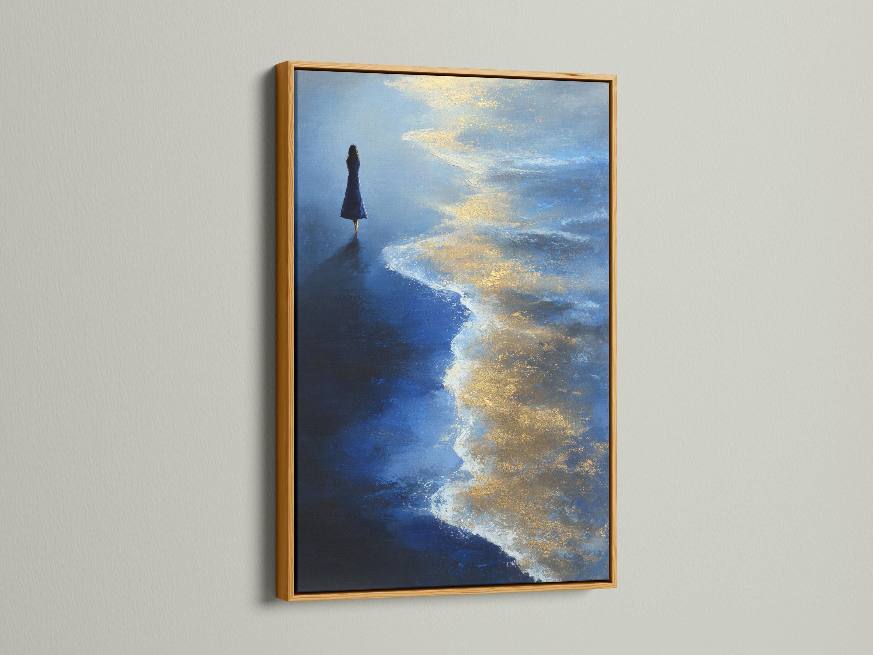 Painterly seascape with a lone silhouette standing in a blue ocean under glowing gold and ivory clouds detail view