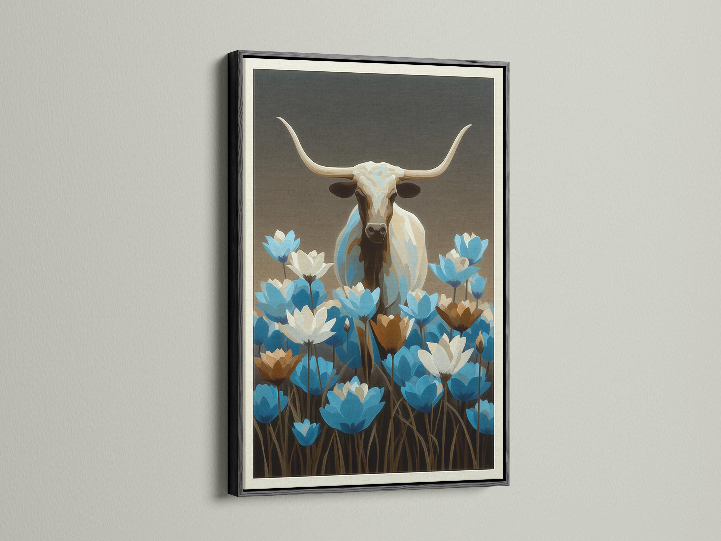 Longhorn bull artwork mockup on a wall with wildflowers and a framed design