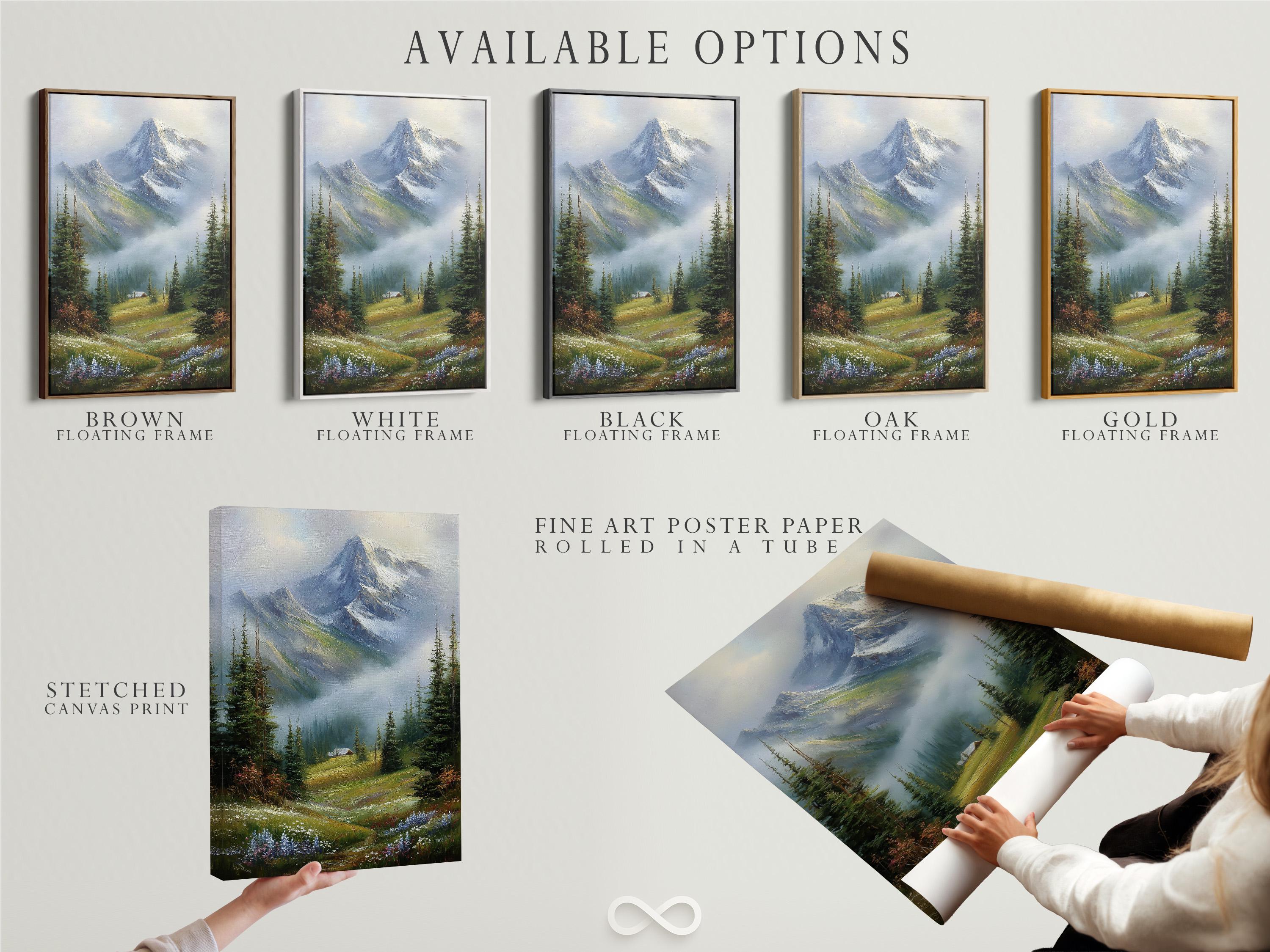 Room mockup showing a framed snowy mountain landscape painting with evergreen trees and a cabin