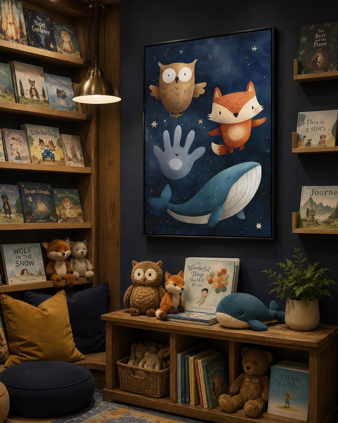 Illustrated whale, fox and owl in a navy starry-night scene with stars detail view