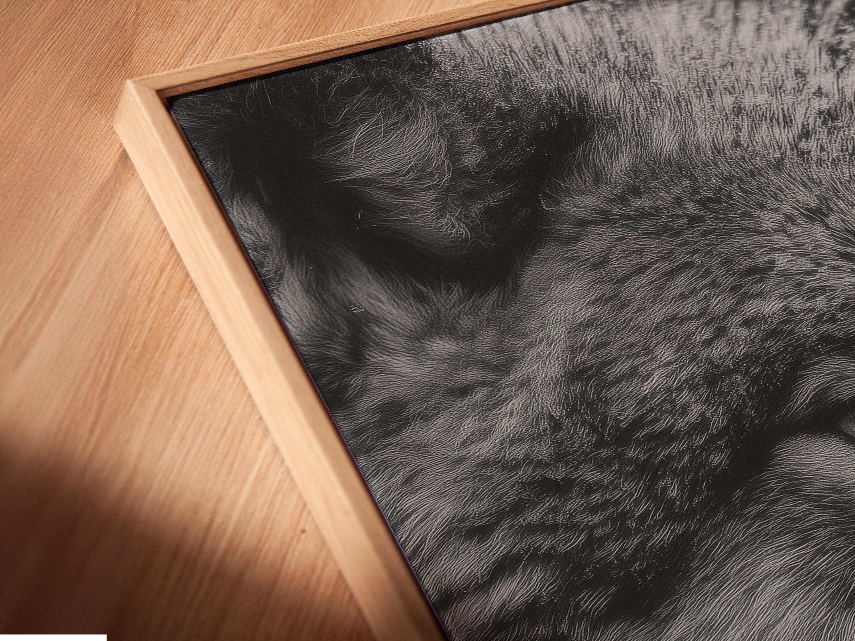 Monochrome wolf portrait artwork with detailed grayscale fur and a dark smoky background detail view