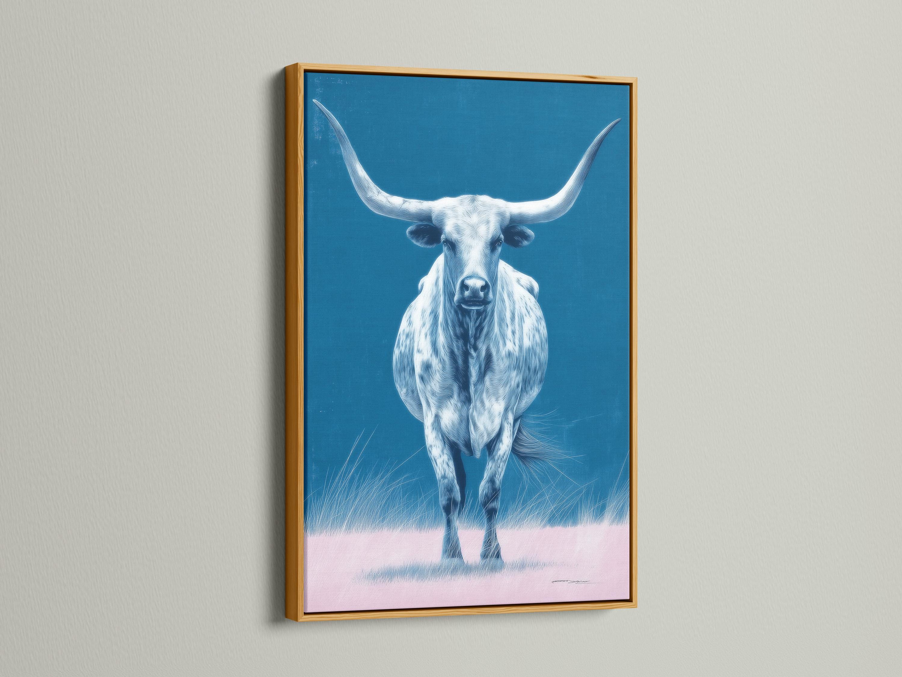 A blue-toned longhorn bull portrait with sweeping horns and a calm, painterly look, set against a bright sky-blue background and pale grass