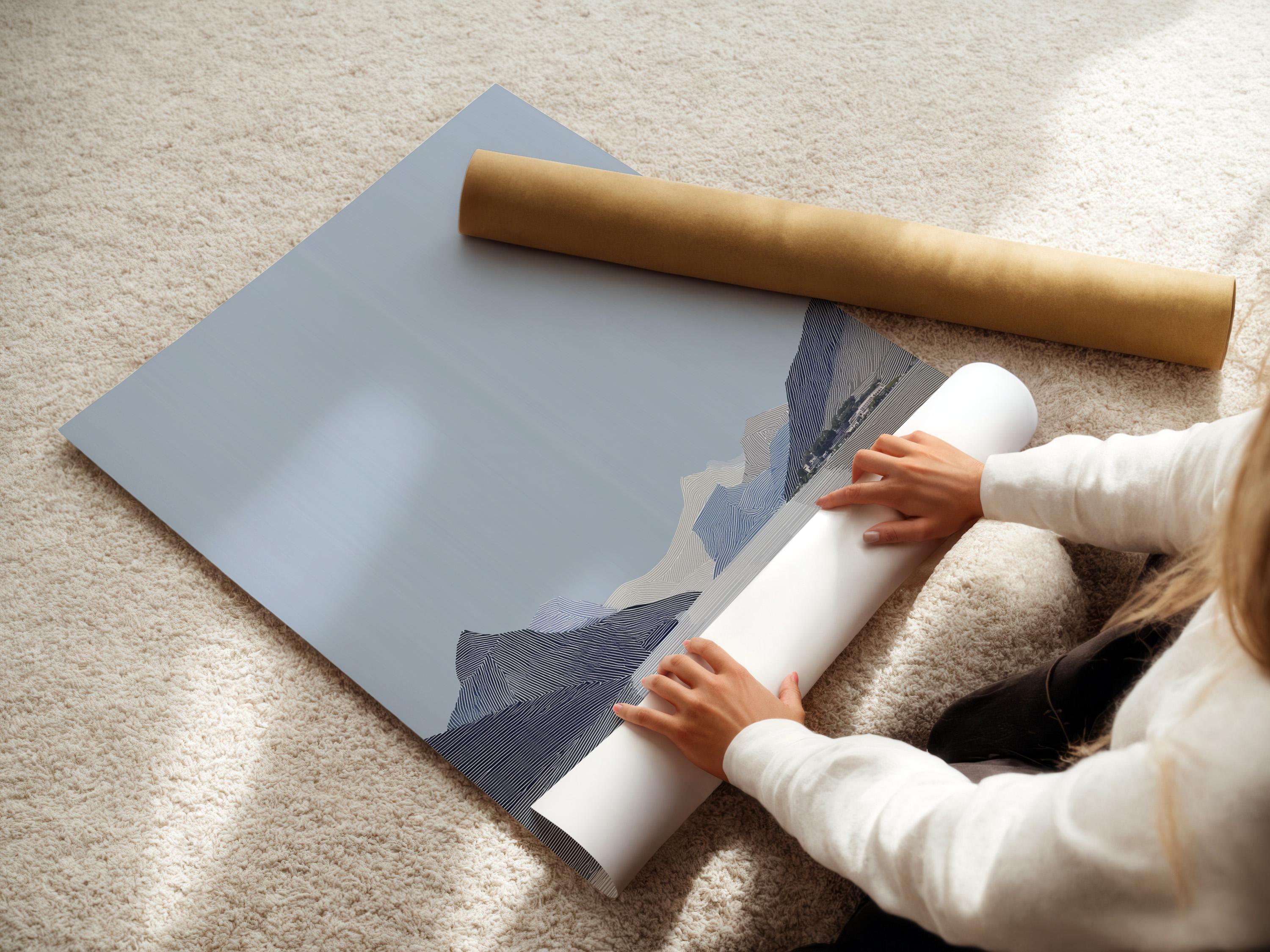 Person viewing an abstract mountain artwork in a modern room mockup