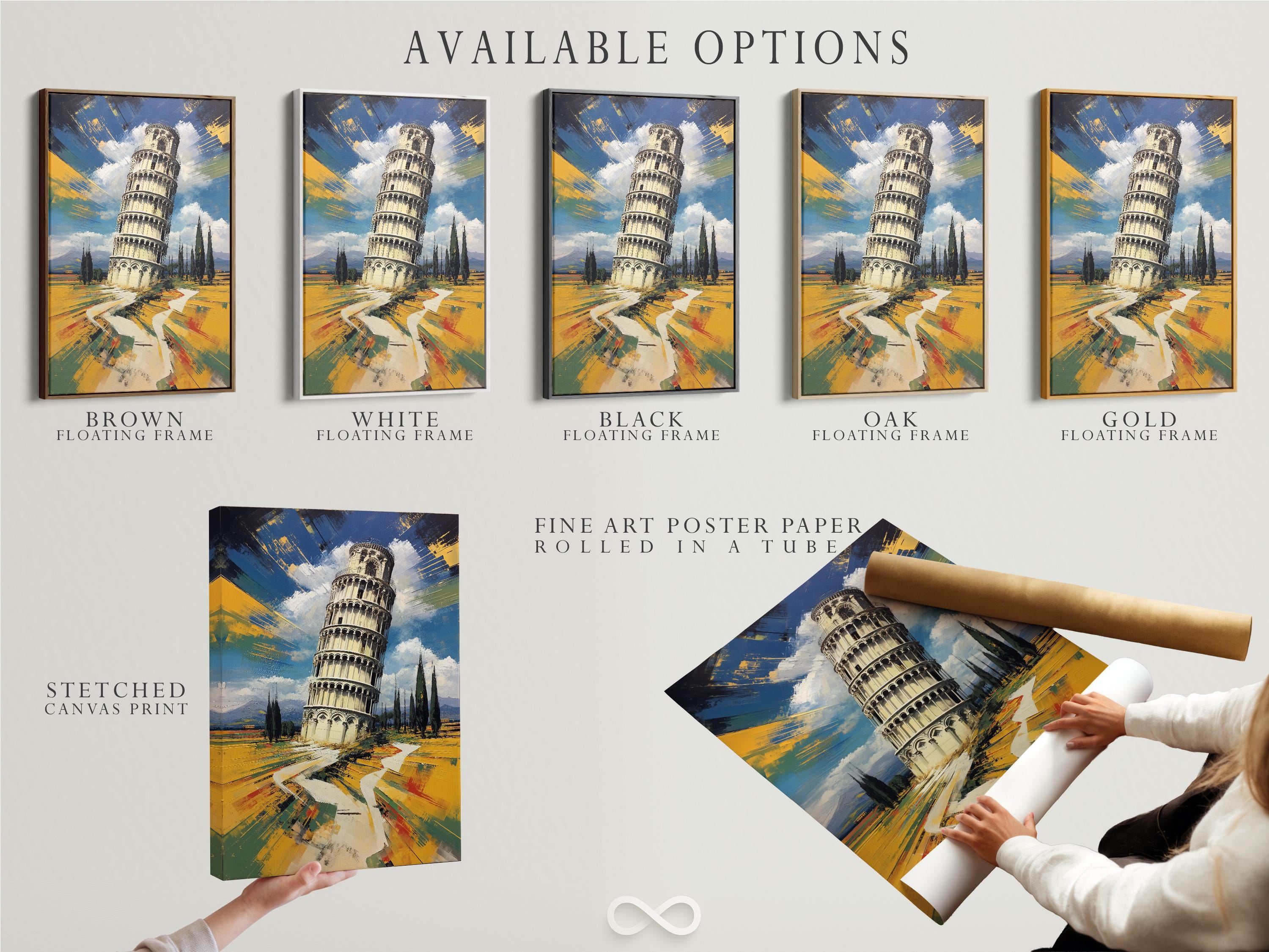 Man standing by a framed Leaning Tower of Pisa painting in an office-like room