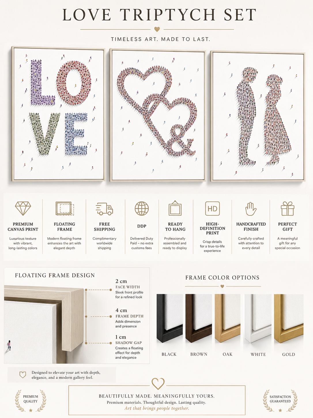 A love-themed typographic set shows “LOVE” with small heart details and two human couple silhouettes made from repeating tiny figures detail view