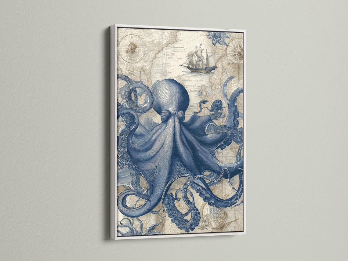Blue octopus illustration over a vintage map background with a small sailboat detail view