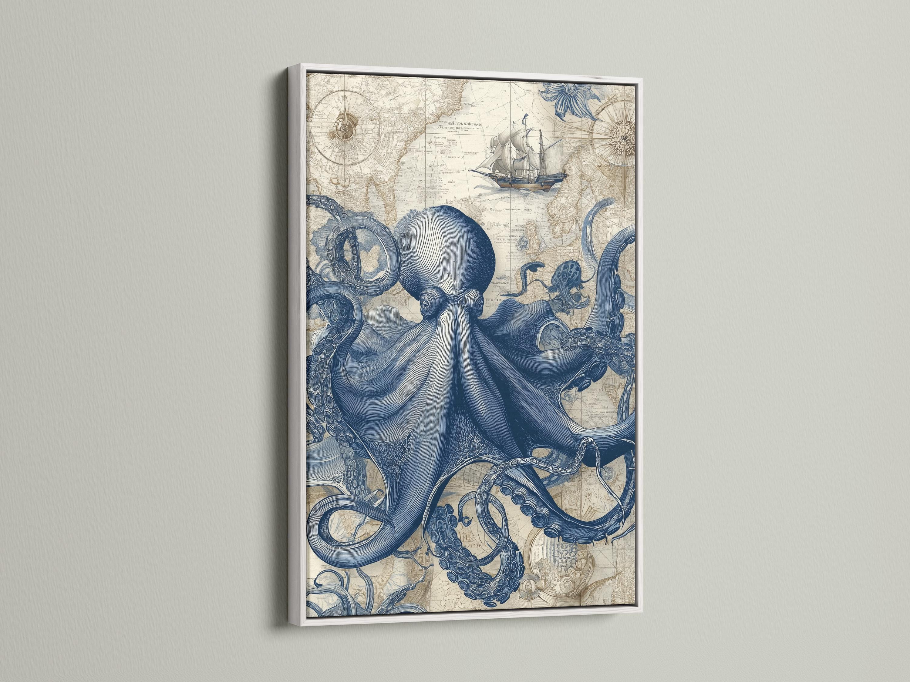 Blue octopus illustration over a vintage map background with a small sailboat detail view