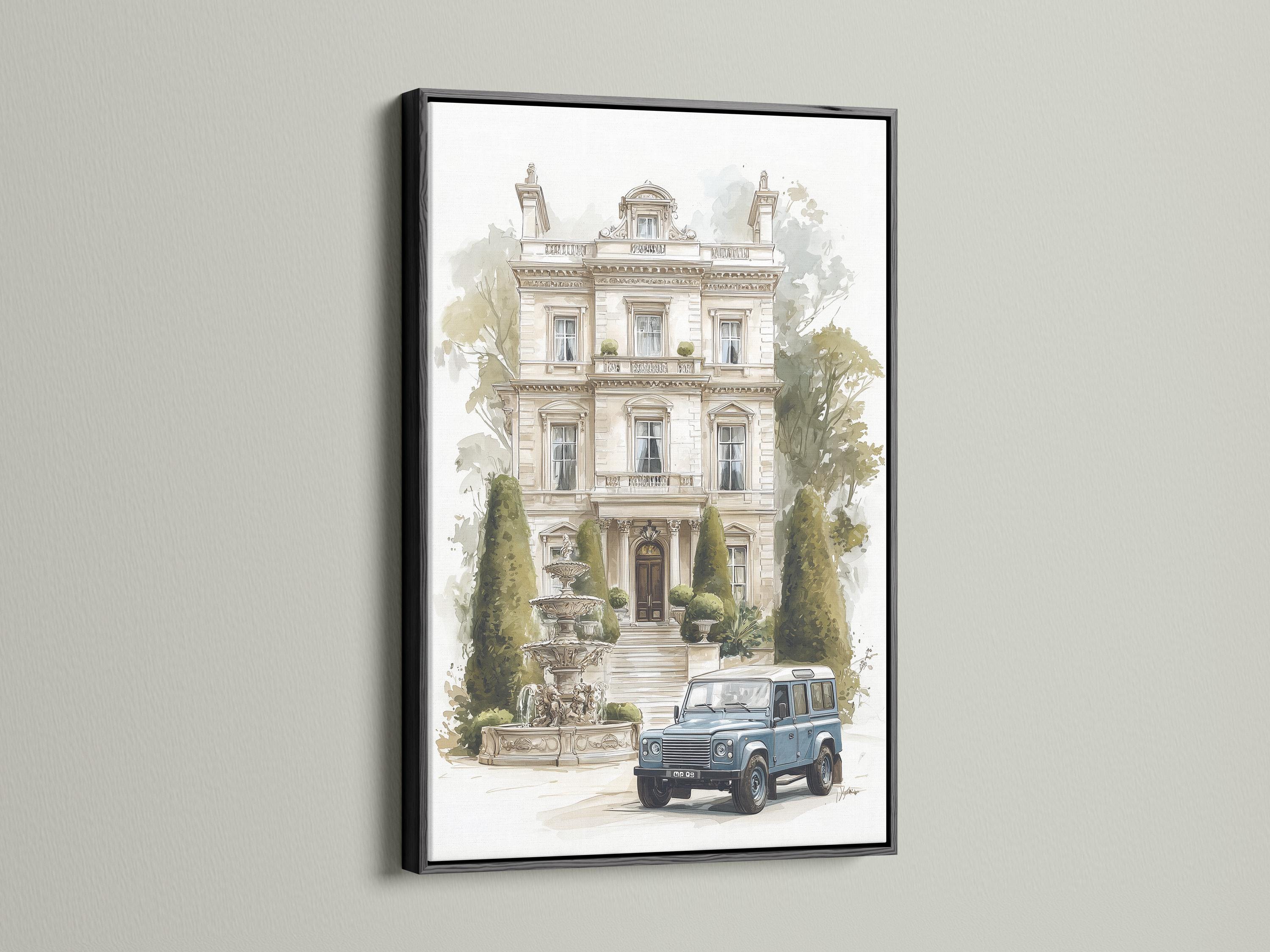 Room mockup showing a framed manor house artwork with trees and a blue vintage car
