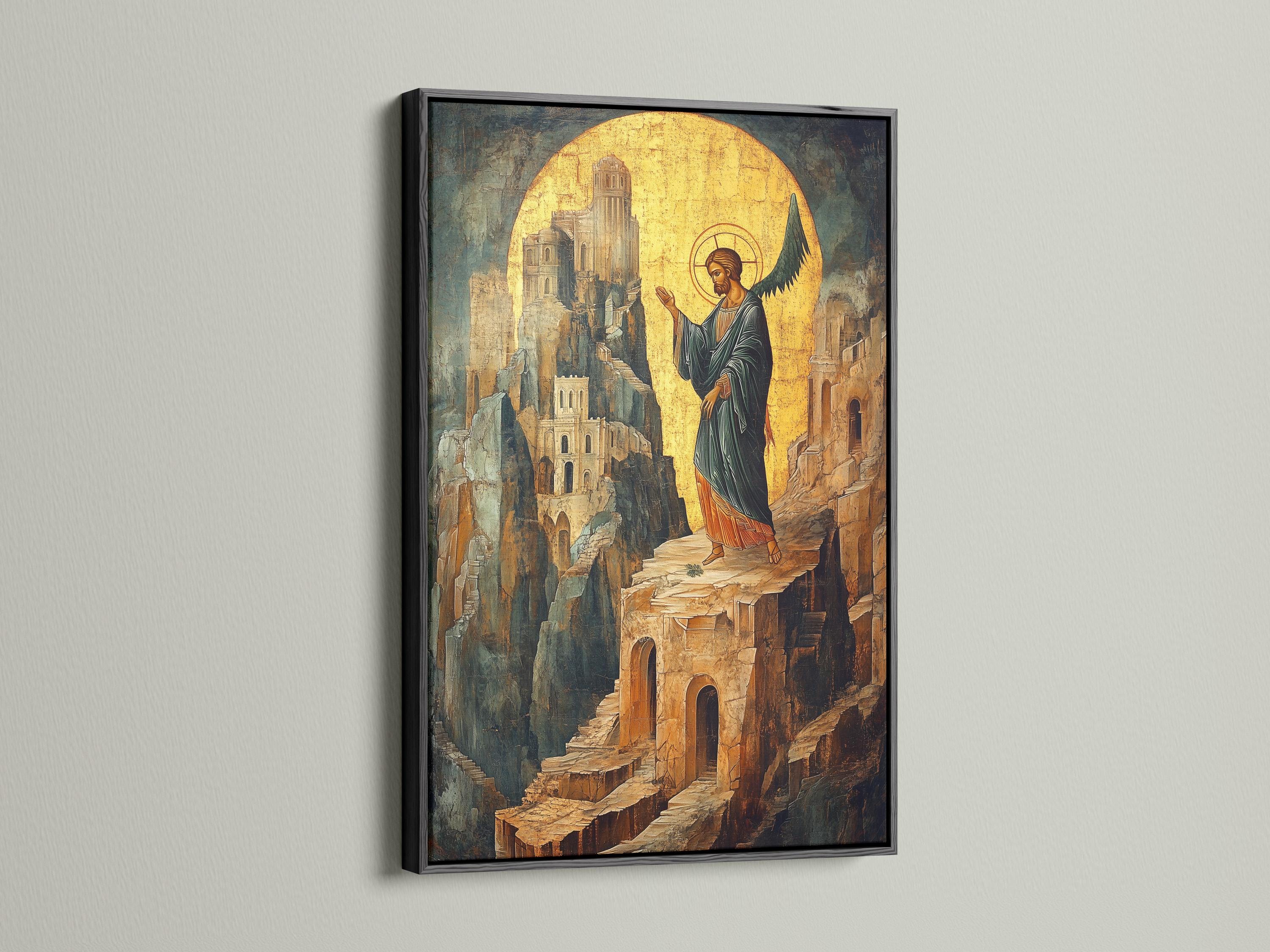 Stylised angel icon with a golden halo standing over a stone cityscape detail view