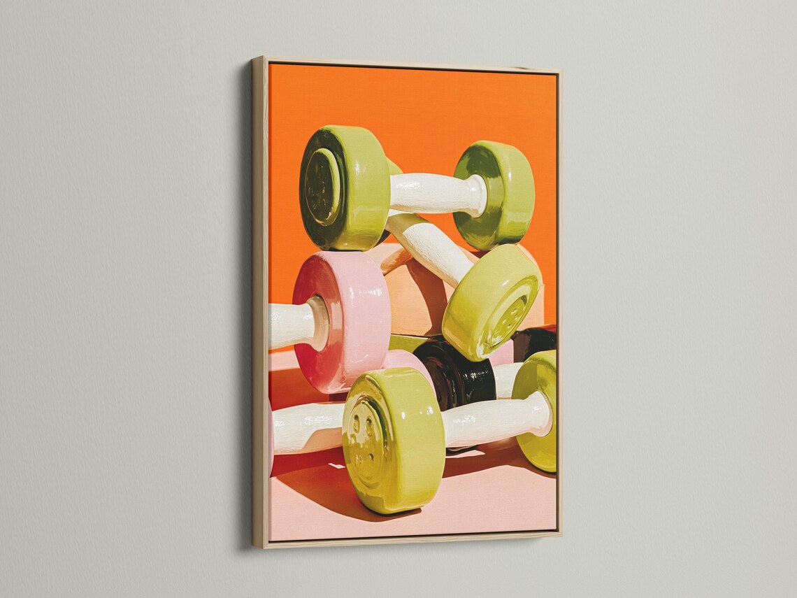 Stylised dumbbell artwork with green and yellow weight plates on a bright orange background detail view
