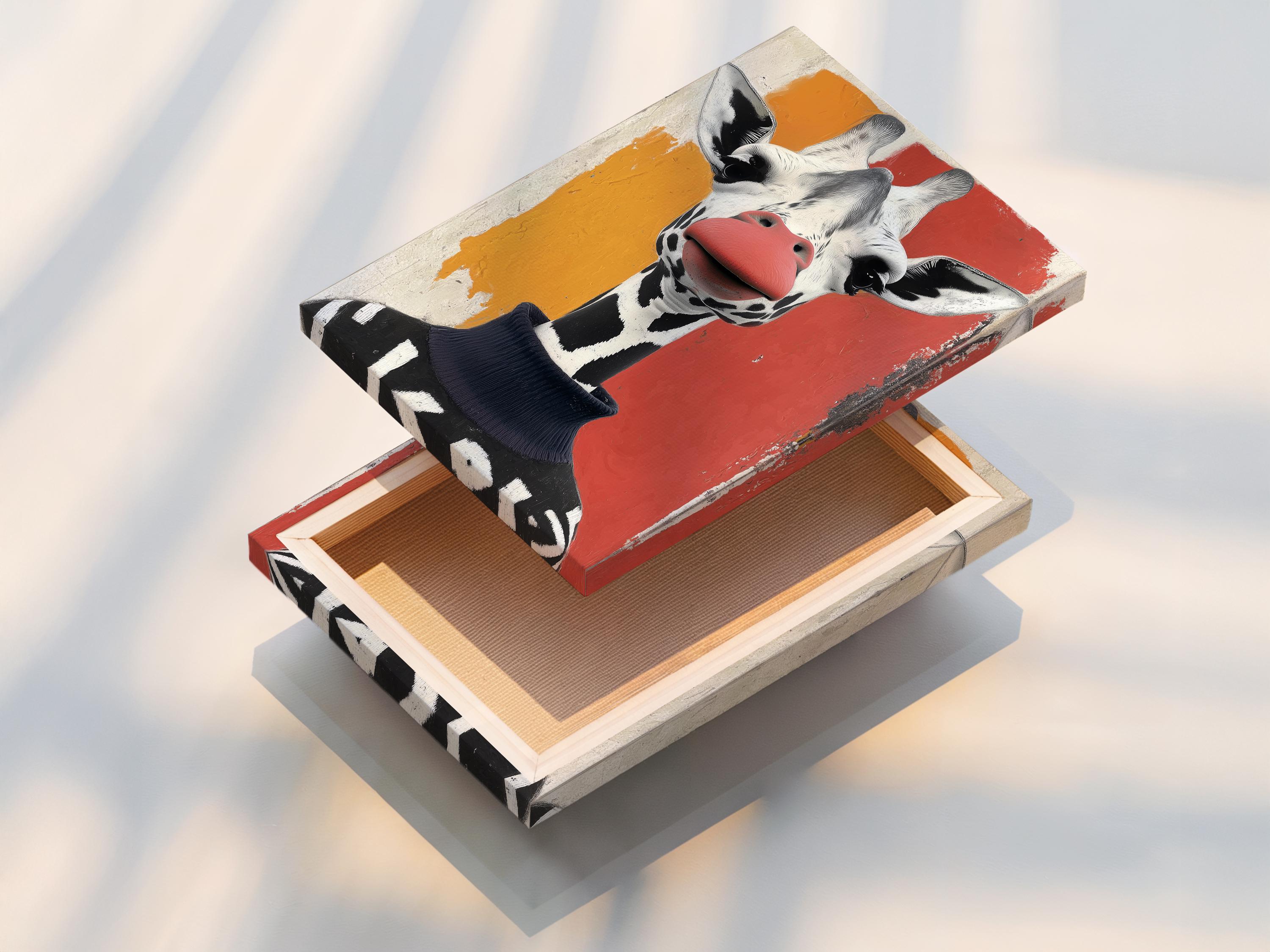 Stylised giraffe portrait with a red nose and black-and-white spots on a textured off-white background detail view